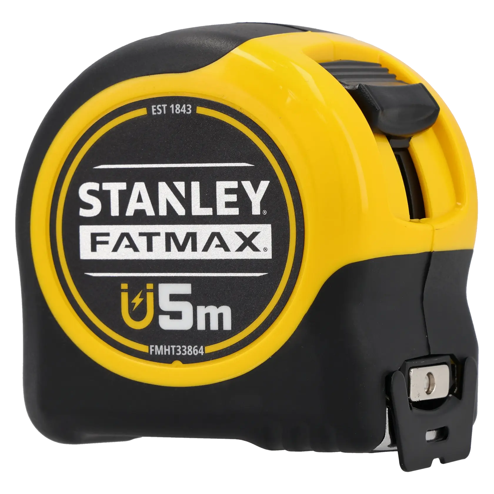 Foto des STANLEY FMHT0-33864 FATMAX 5m Bandmaß, schwarz-gelbes Gehäuse, Seitenansicht auf weißem Hintergrund.
