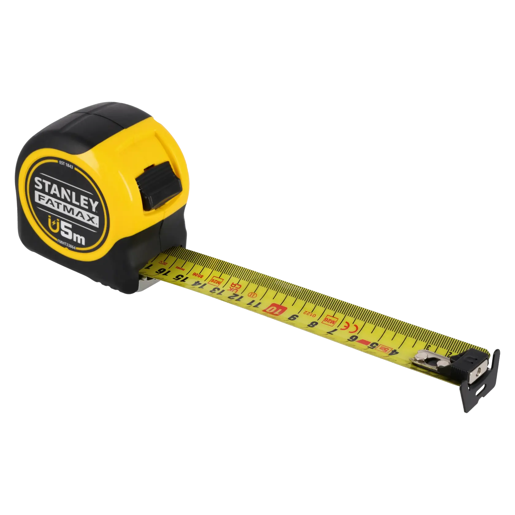 STANLEY FATMAX FMHT0-33864 Maßband, 5 m, gelb-schwarzes Gehäuse, ausgezogener Band, Frontansicht.