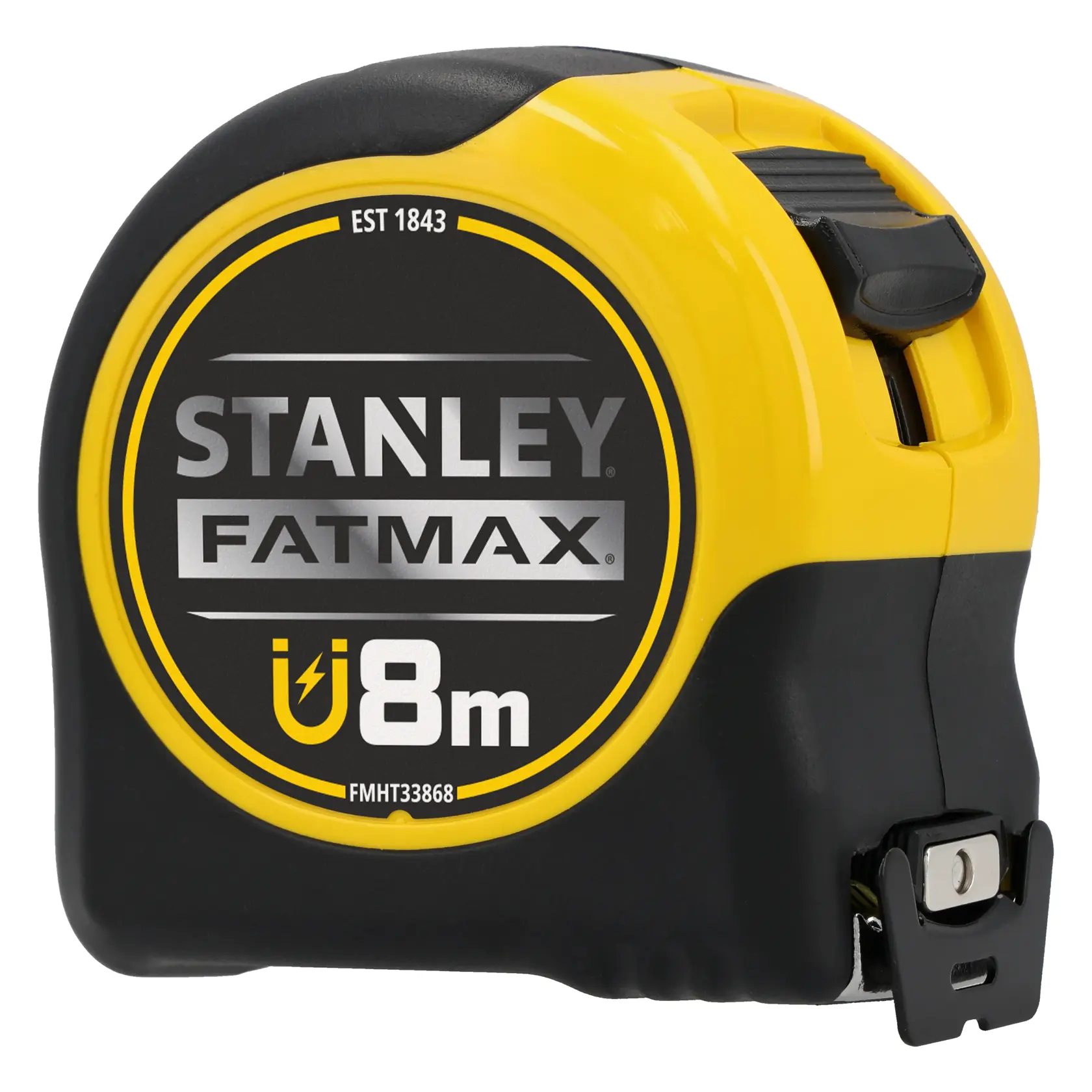 STANLEY FATMAX FMHT0-33868 Maßband, 8m, gelb-schwarzes Gehäuse, Vorderansicht auf weißem Hintergrund.