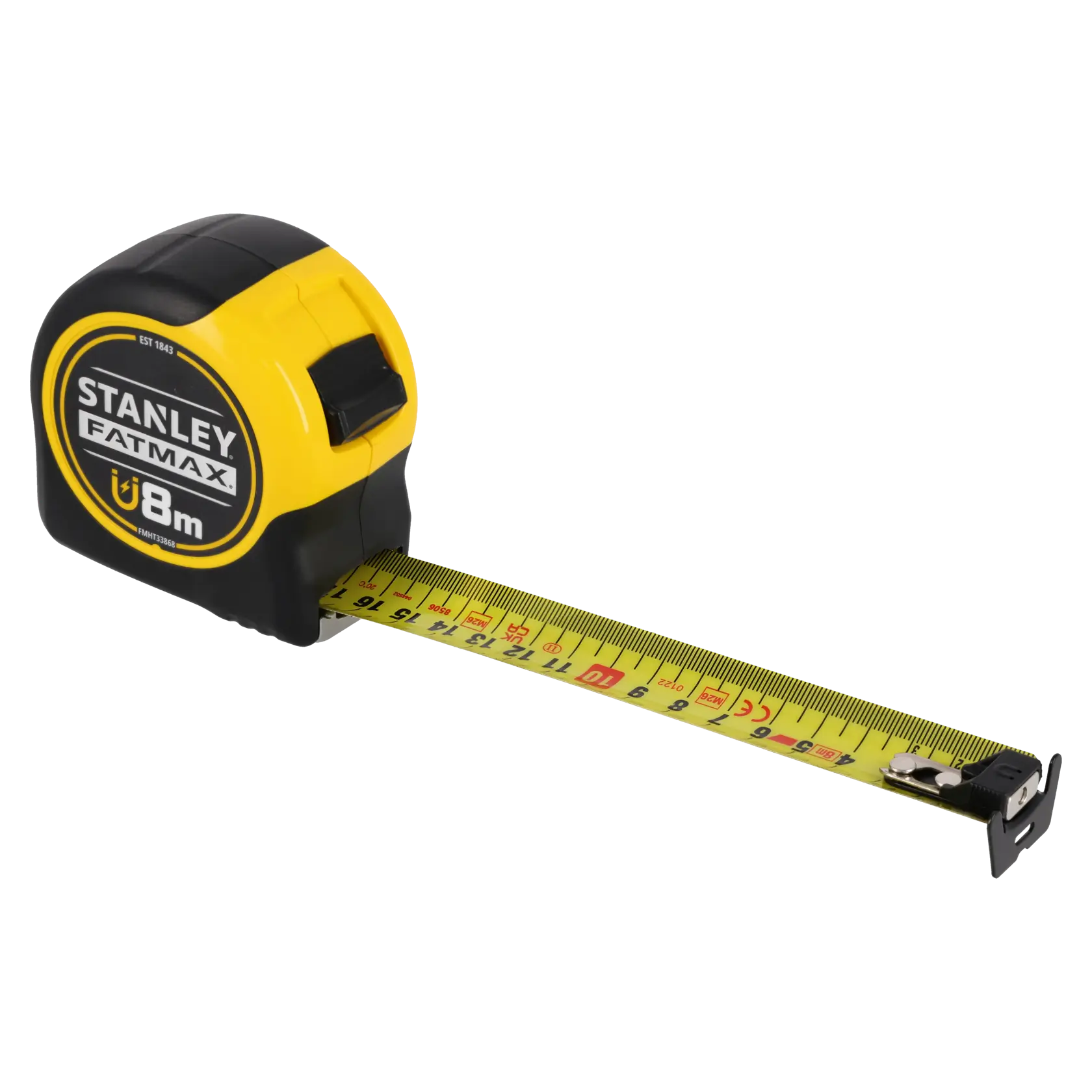 STANLEY FMHT0-33868 Bandmaß, gelb und schwarz, 8 m Länge, Seitenansicht auf weißem Hintergrund.