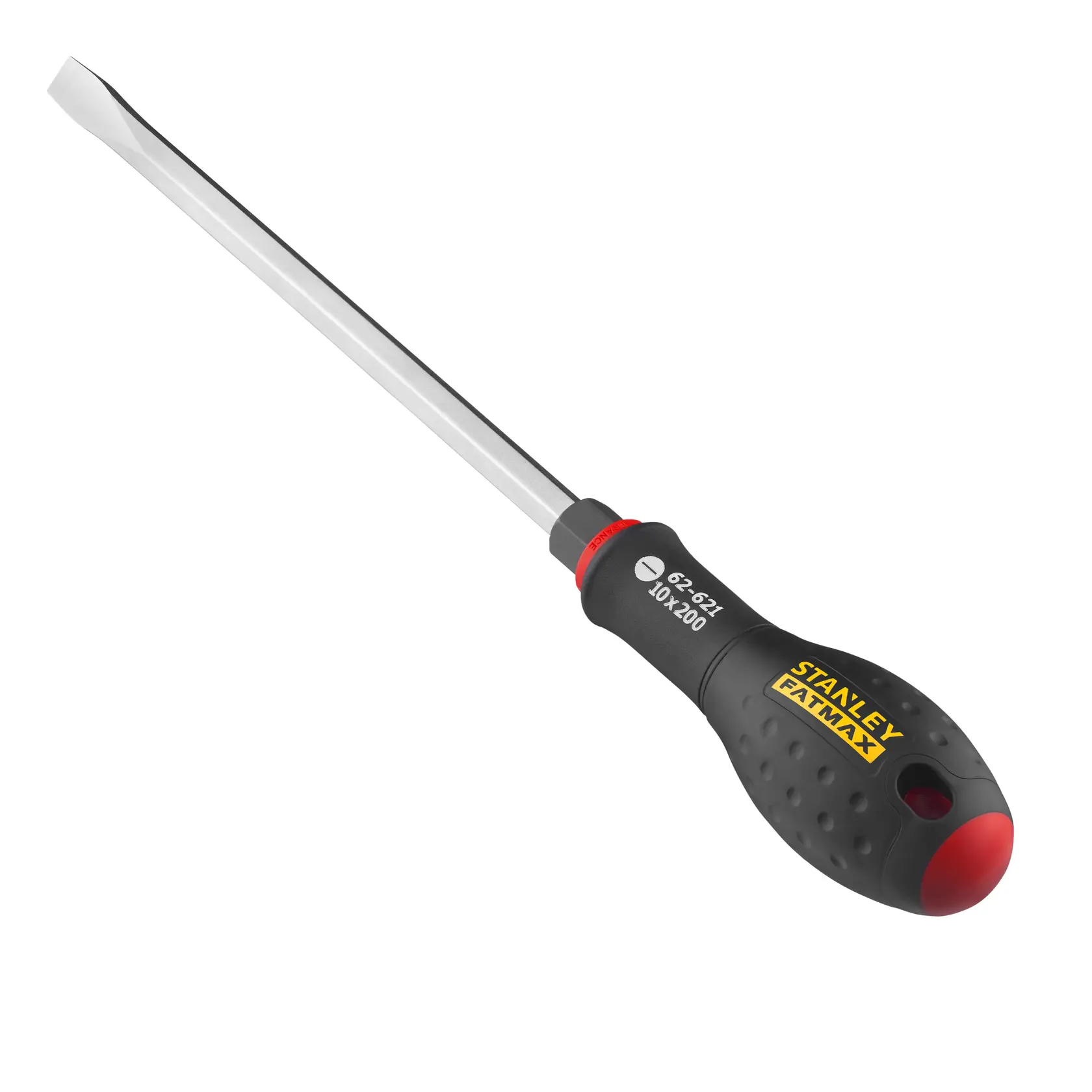 Stanley FMHT0-62621 Flachschraubendreher mit schwarz-gelbem Griff, schräge Ansicht, weißer Hintergrund.