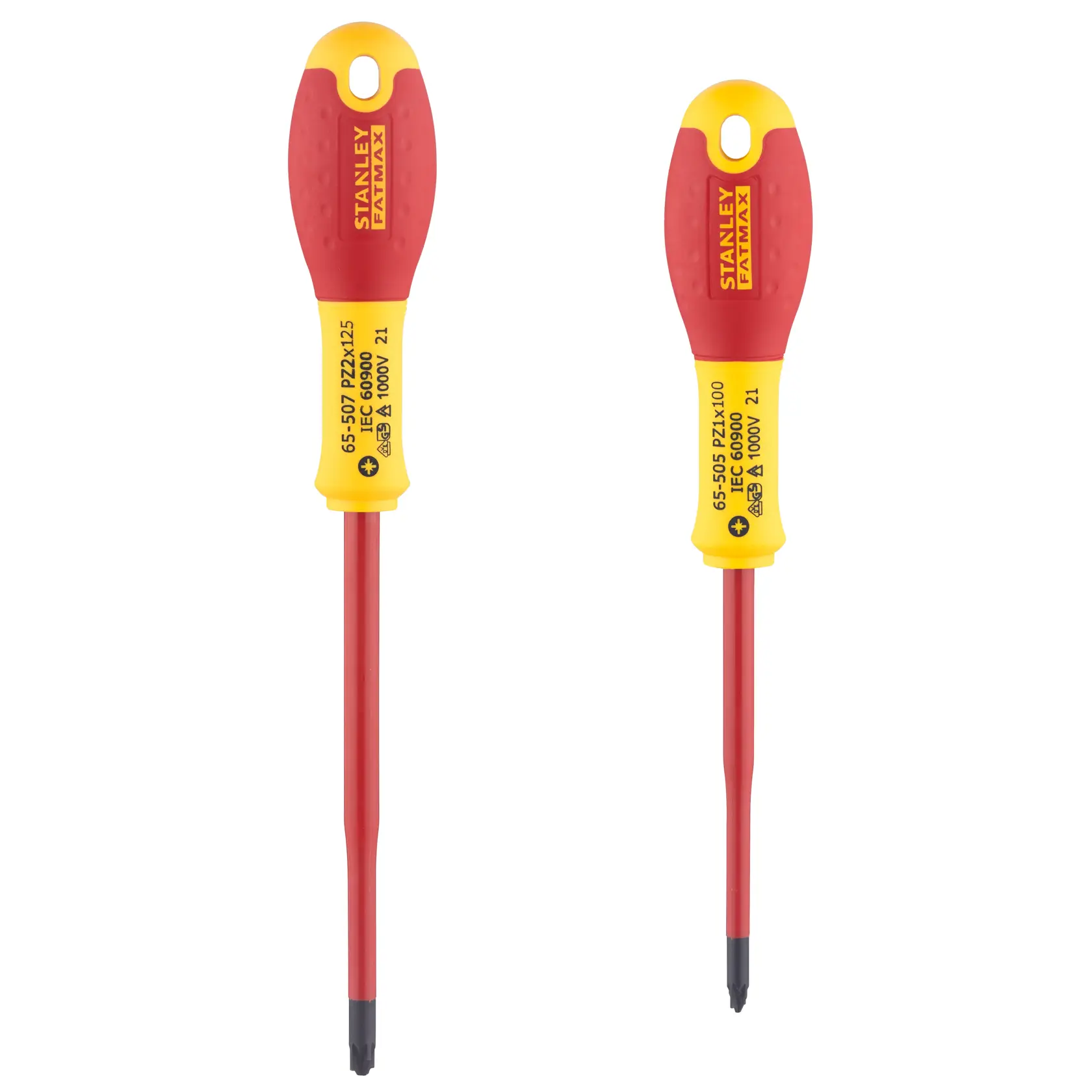 STANLEY FMHT0-62649 isolierter Schraubendreher-Satz, zwei Schraubendreher mit rot-gelben Griffen, Frontalansicht auf Weiß.
