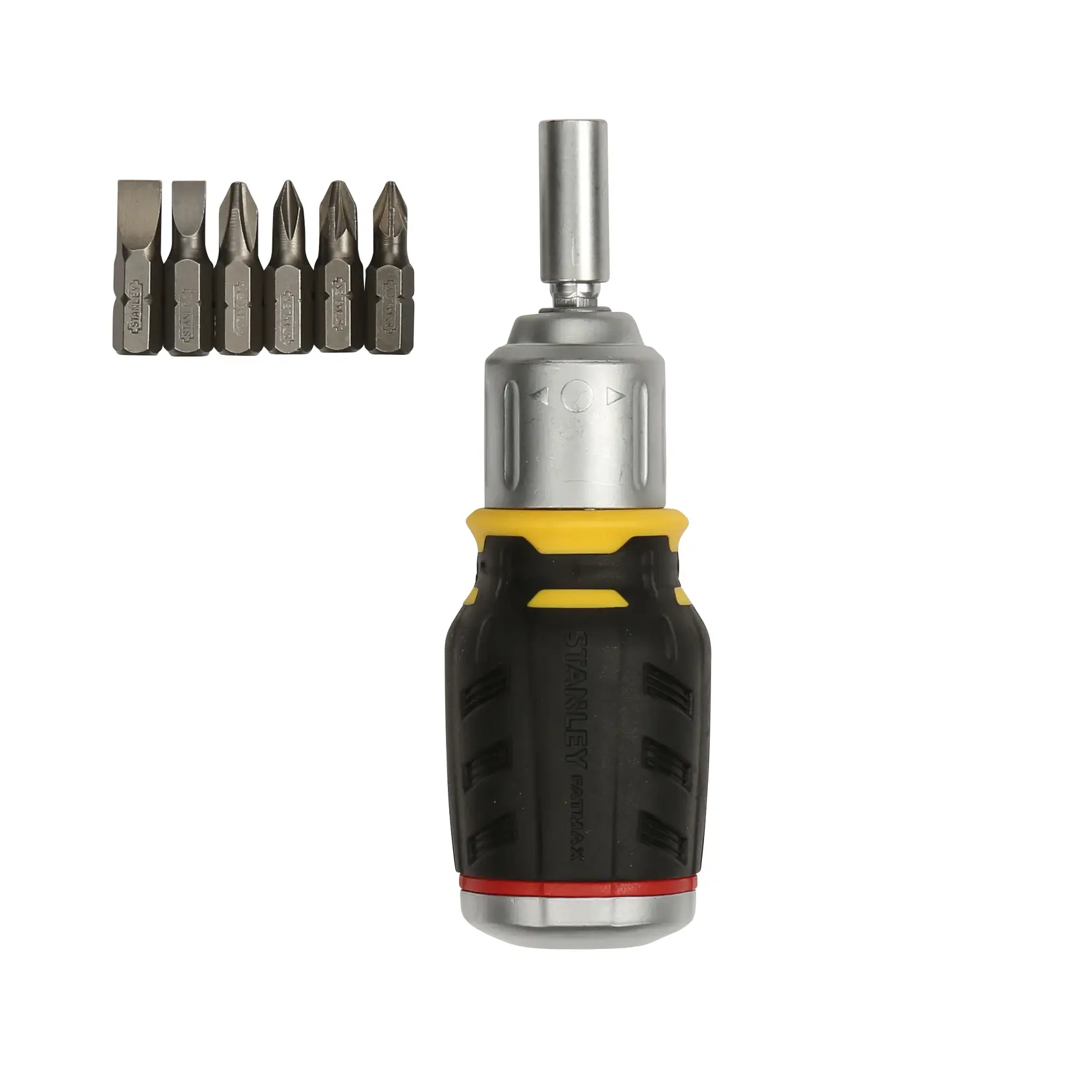 STANLEY FMHT0-62688 kompakter Ratschen-Schraubendreher mit sechs Bits, Vorderansicht auf Weiß.