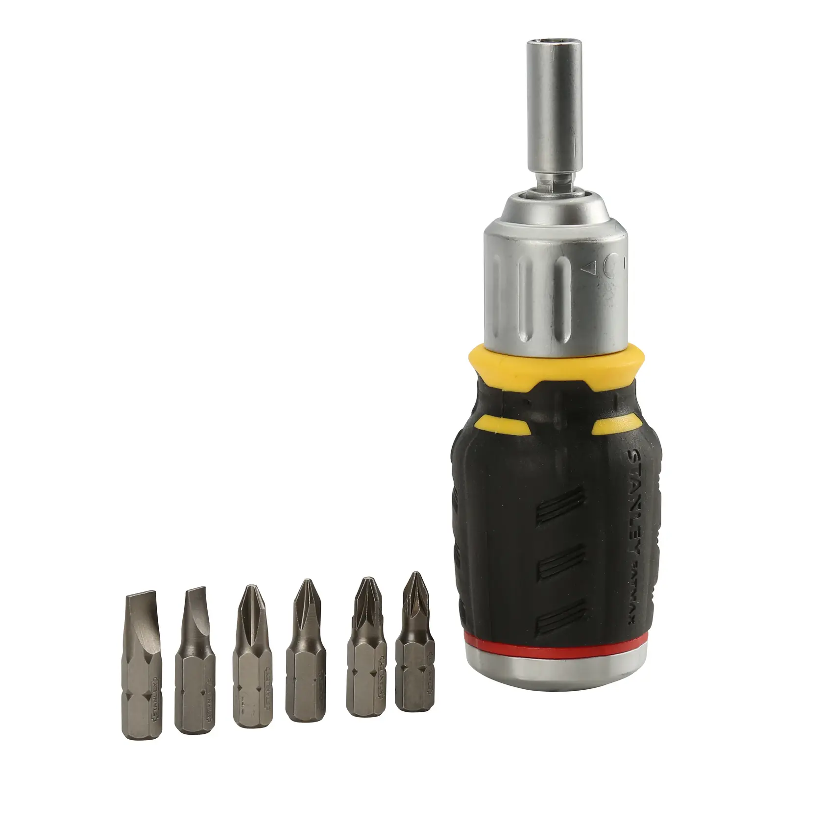 STANLEY FMHT0-62688 Ratschen-Schraubendreher mit schwarz-gelbem Griff und sieben Bits, Vorderansicht.