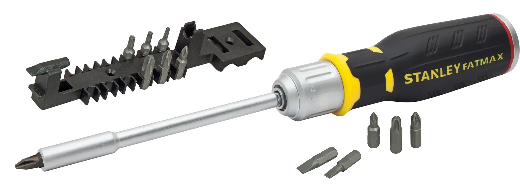 STANLEY FMHT0-62690 Schraubendreher-Set mit Wechselbits und Koffer, Seitenansicht auf weißem Hintergrund.