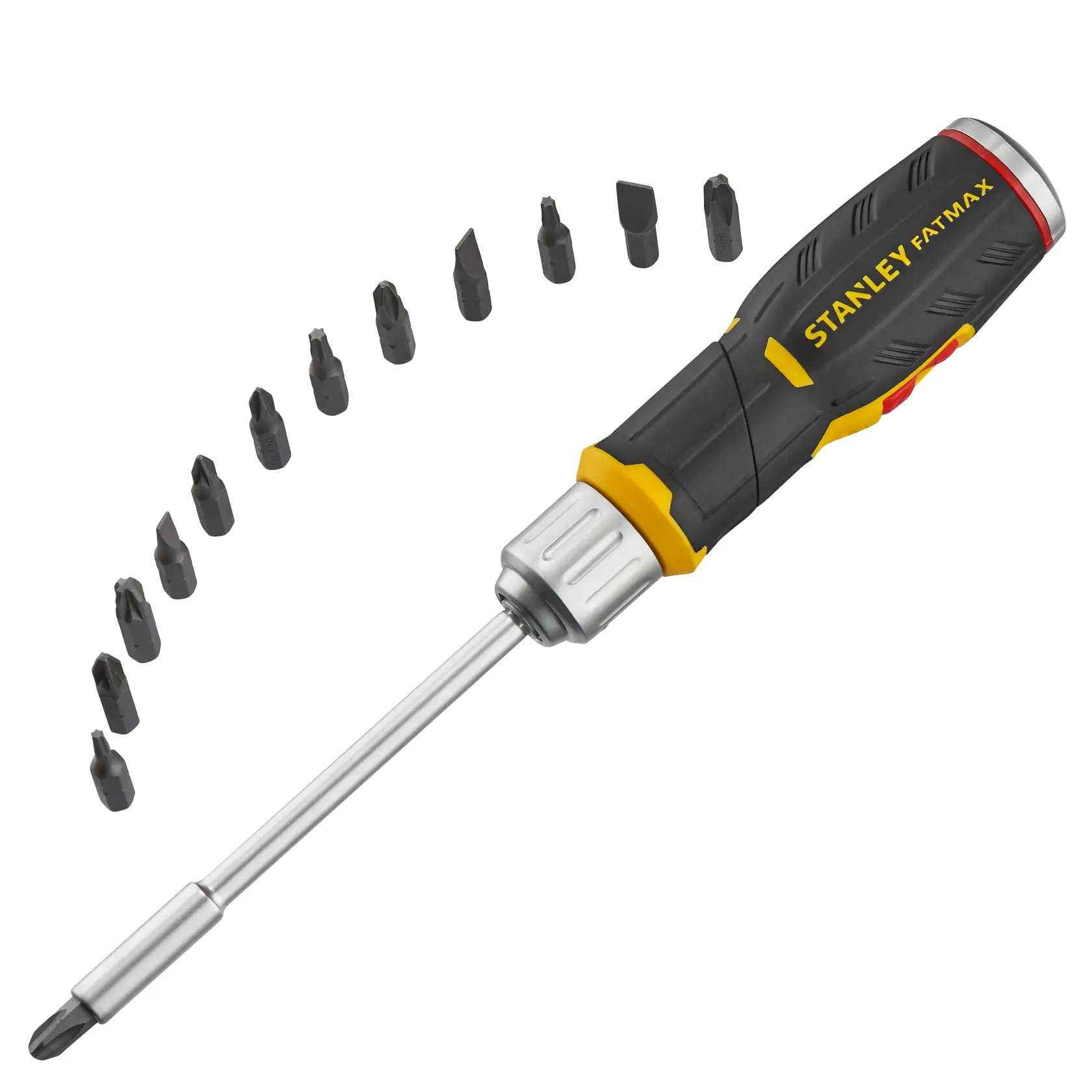 STANLEY FMHT0-62691 Multibit-Schraubendreher mit gelb-schwarzem Griff und 12 Bits, Seitenansicht.