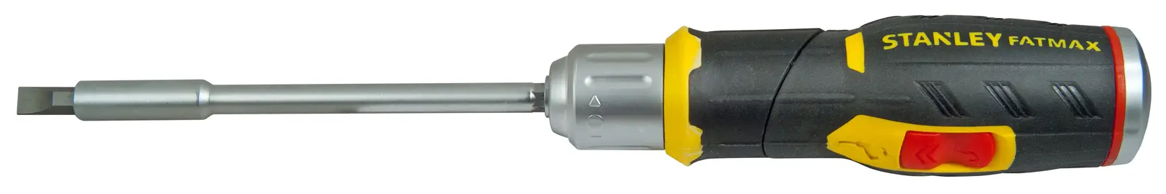 STANLEY FMHT0-62691 FATMAX Ratschen-Schraubendreher Seitenansicht, schwarzer-gelber Griff, silberner Schaft.