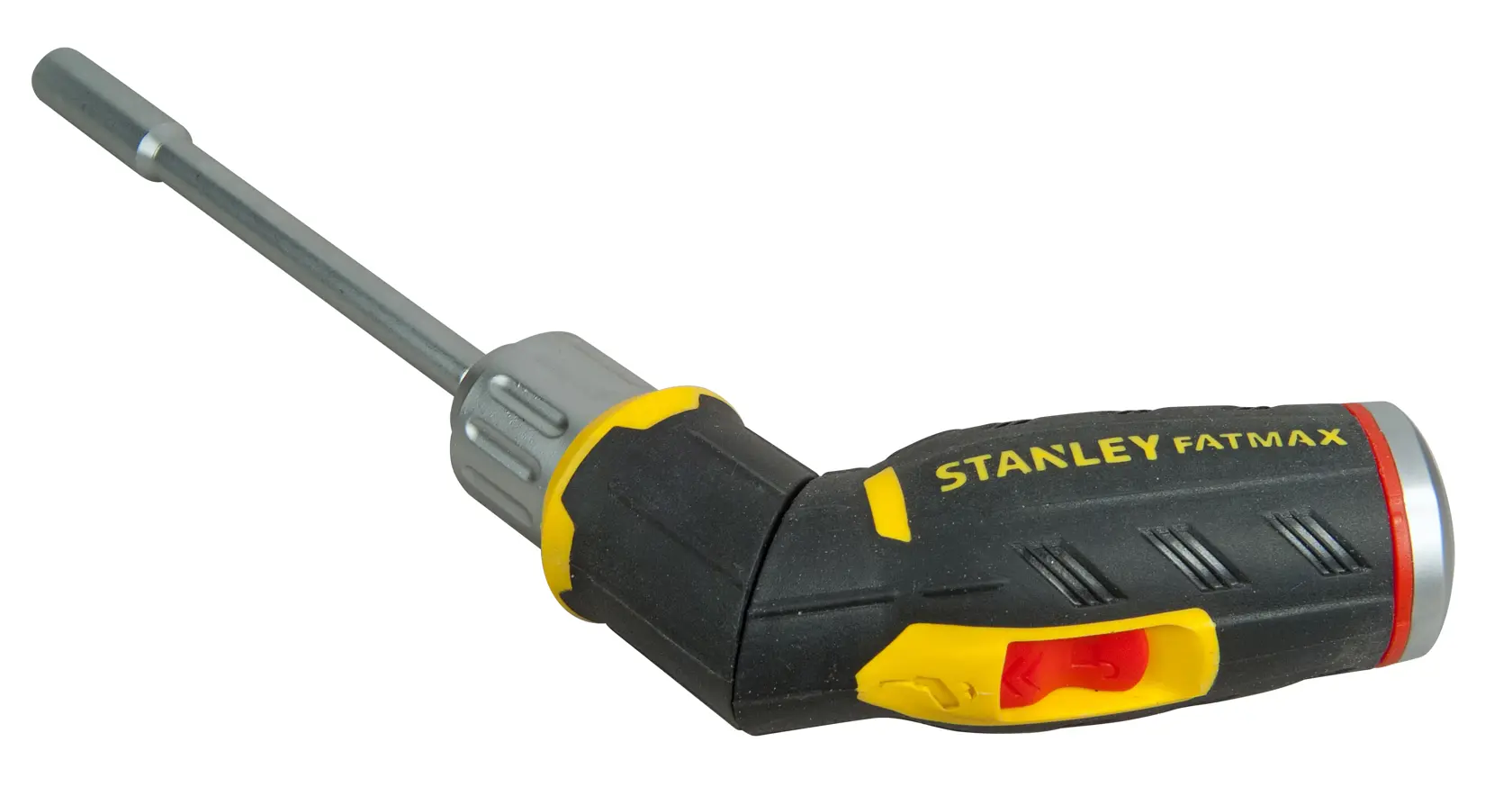 STANLEY FMHT0-62691 verstellbarer schwarz-gelber Ratschenschraubendreher, Seitenansicht, weißer Hintergrund.