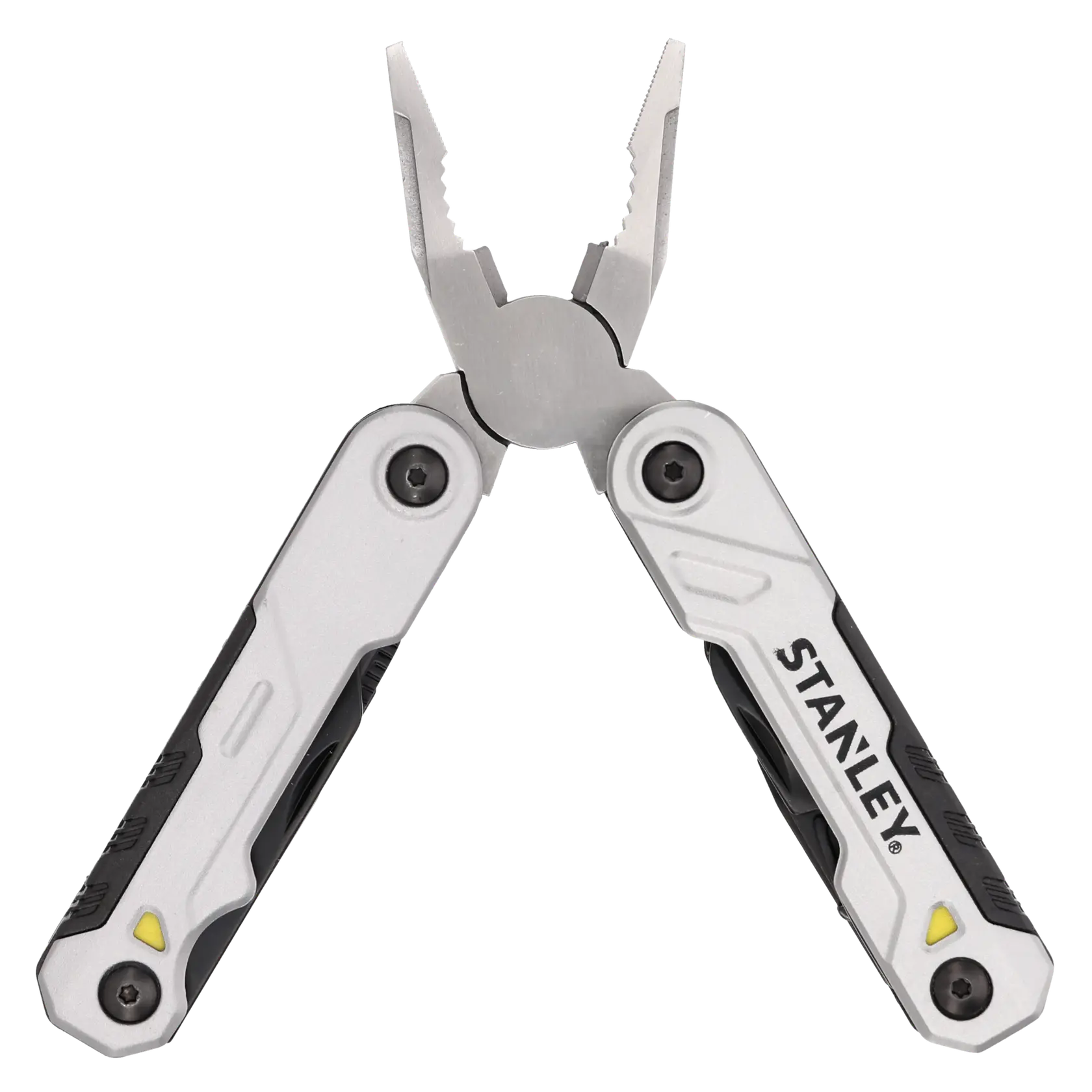 STANLEY FMHT0-72414 silber-schwarze Multitool-Zange, offen, Frontansicht vor weißem Hintergrund.