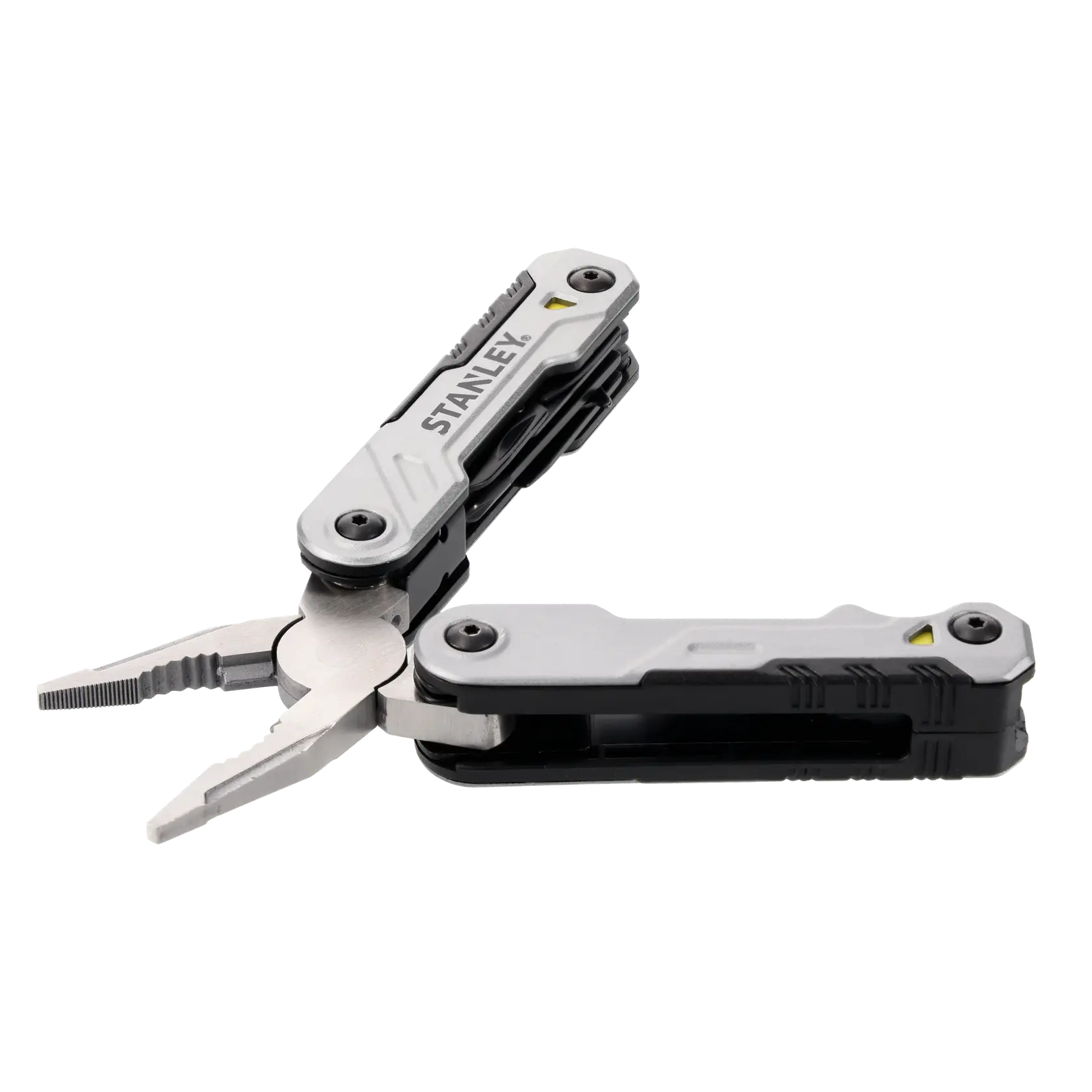 Foto des STANLEY FMHT0-72414 Multitools mit offenen Zangen, silber und schwarz, auf weißem Hintergrund.