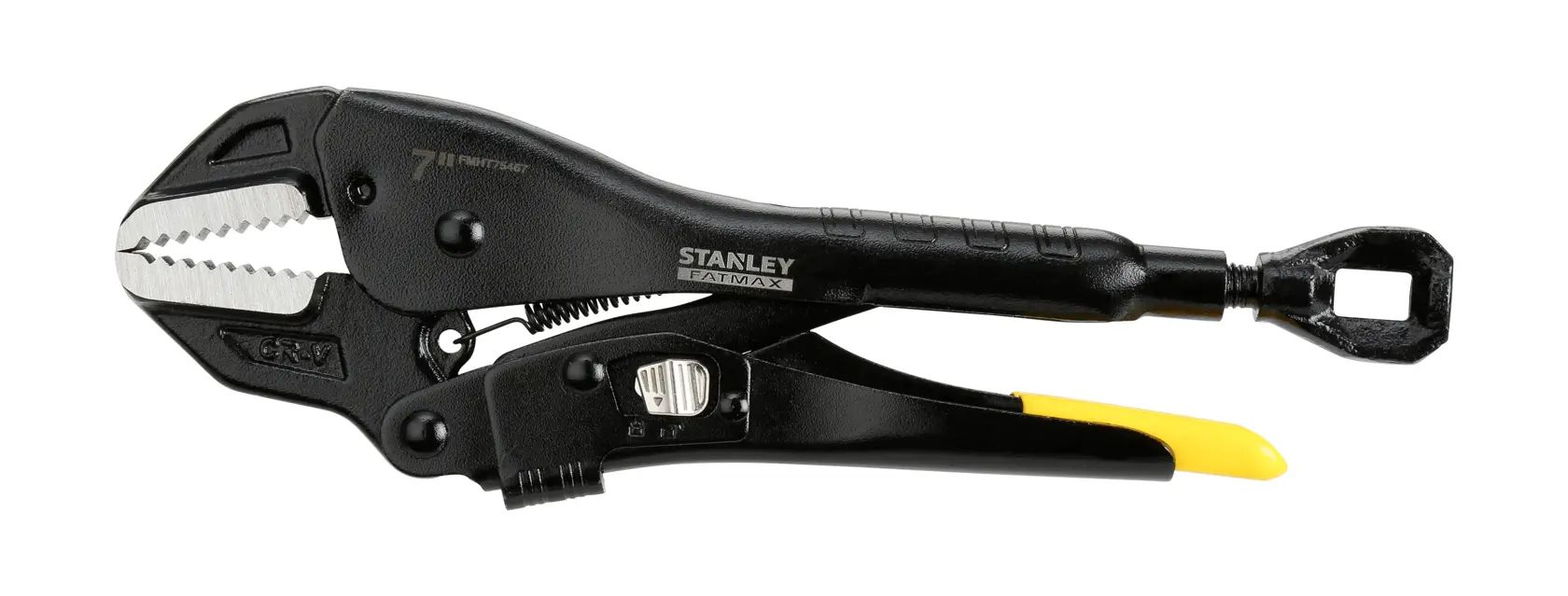Stanley schwarze Feststellzange mit gezackten Backen und gelbem Griff vor weißem Hintergrund.