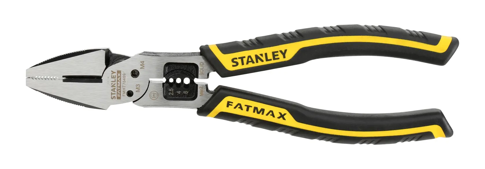 Stanley FatMax Kombizange mit ergonomischen schwarz-gelben Griffen, geeignet zum Greifen und Schneiden.