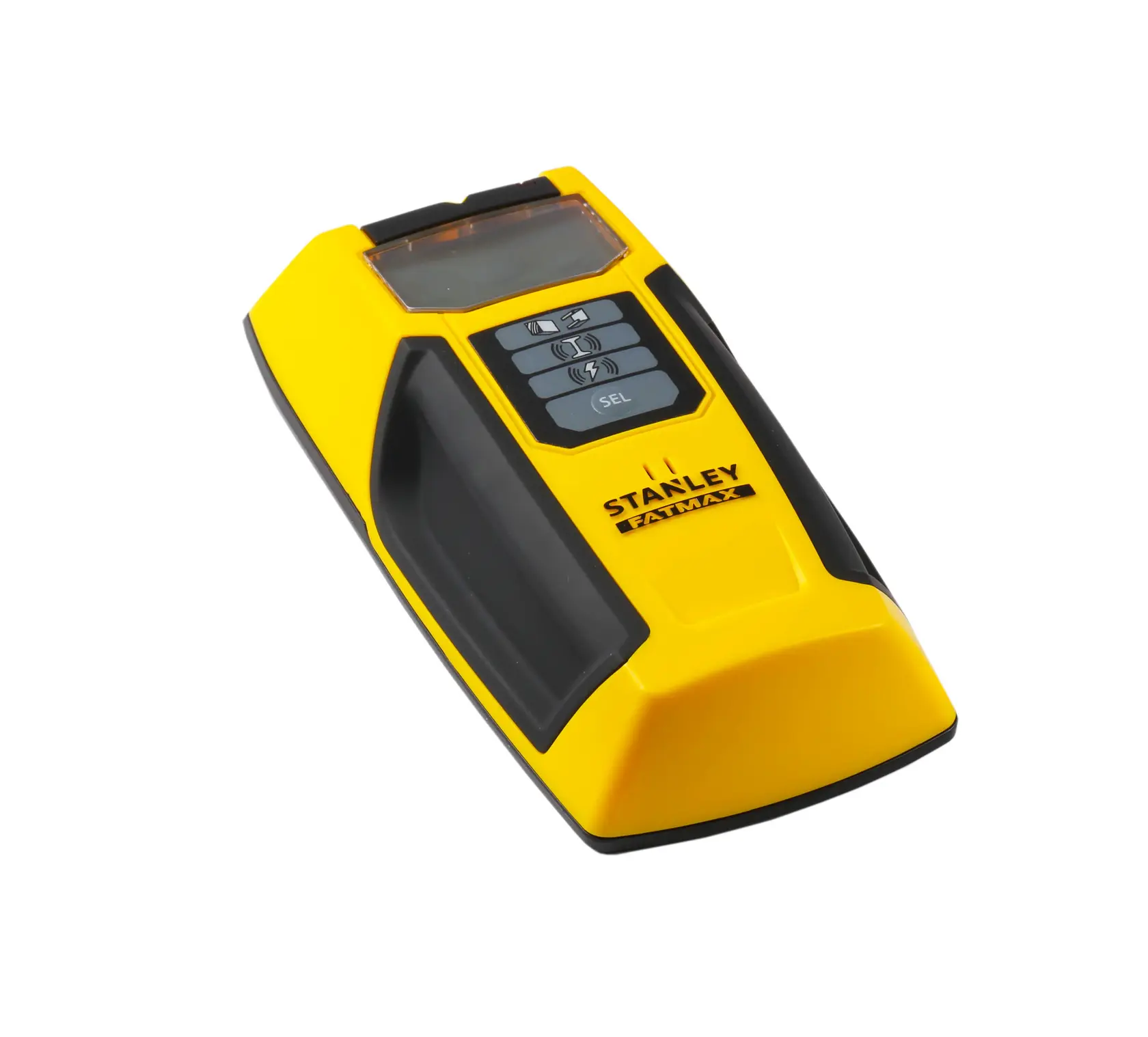 STANLEY FMHT0-77407 gelber elektronischer Leitungsfinder schräg auf weißem Hintergrund.