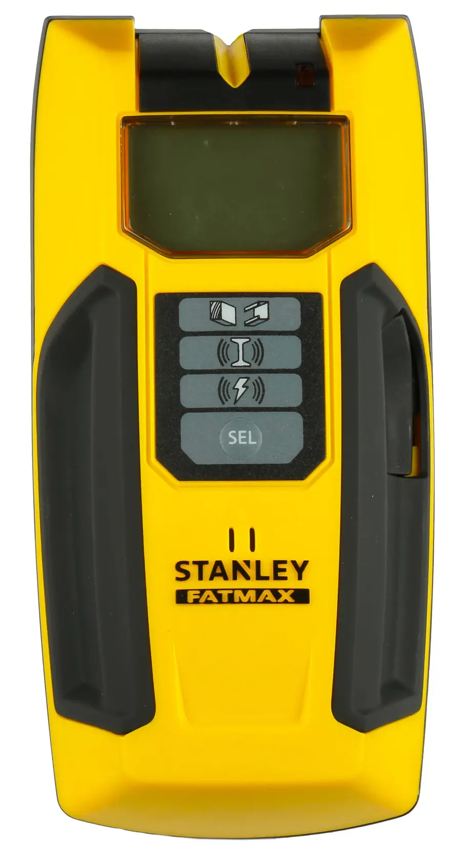 STANLEY FMHT0-77407 Stud Finder, gelb mit schwarzen Akzenten, digitales Display, Vorderansicht.