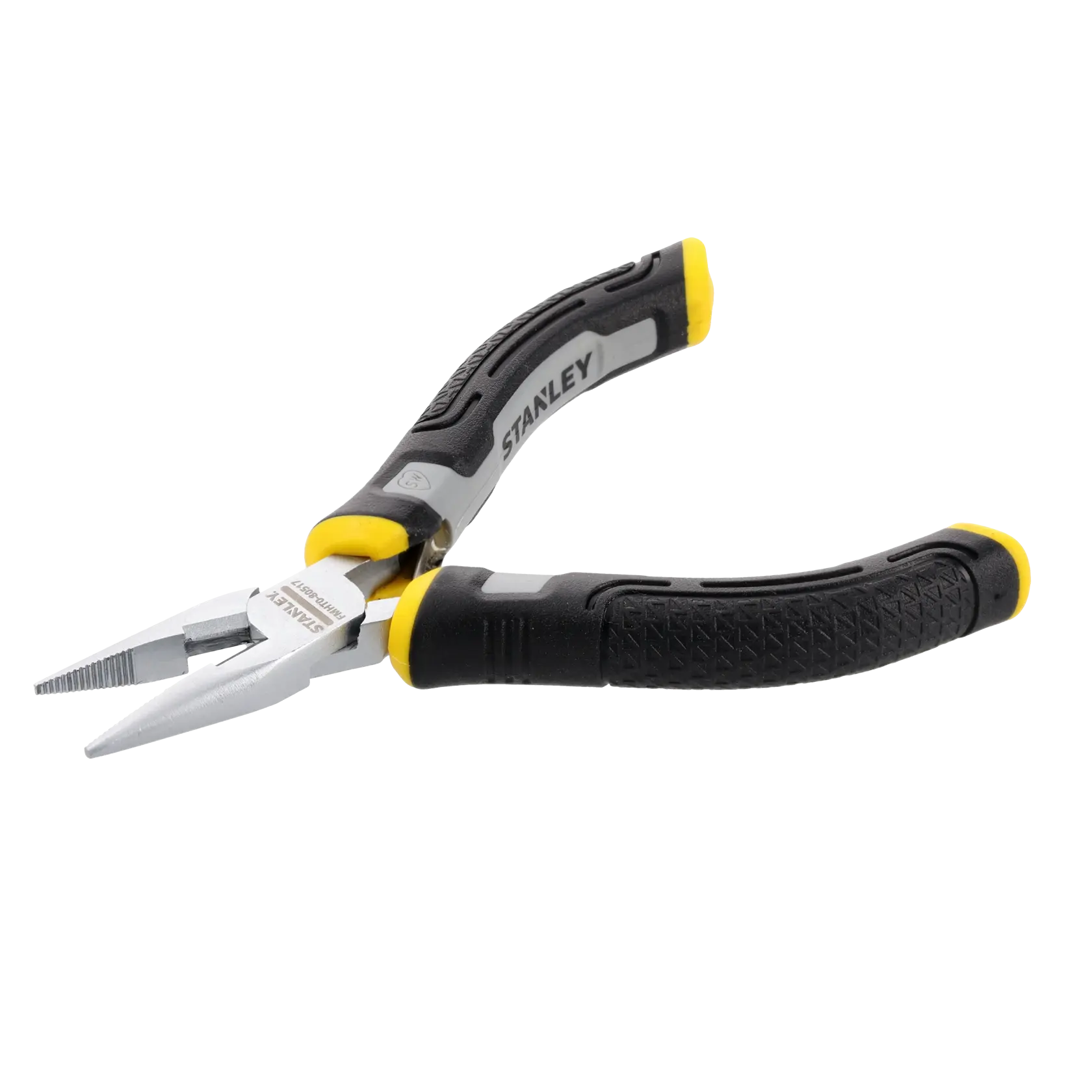 Ein Paar STANLEY-Langzange mit ergonomischen schwarzen und gelben Griffen, auf weißem Hintergrund dargestellt.