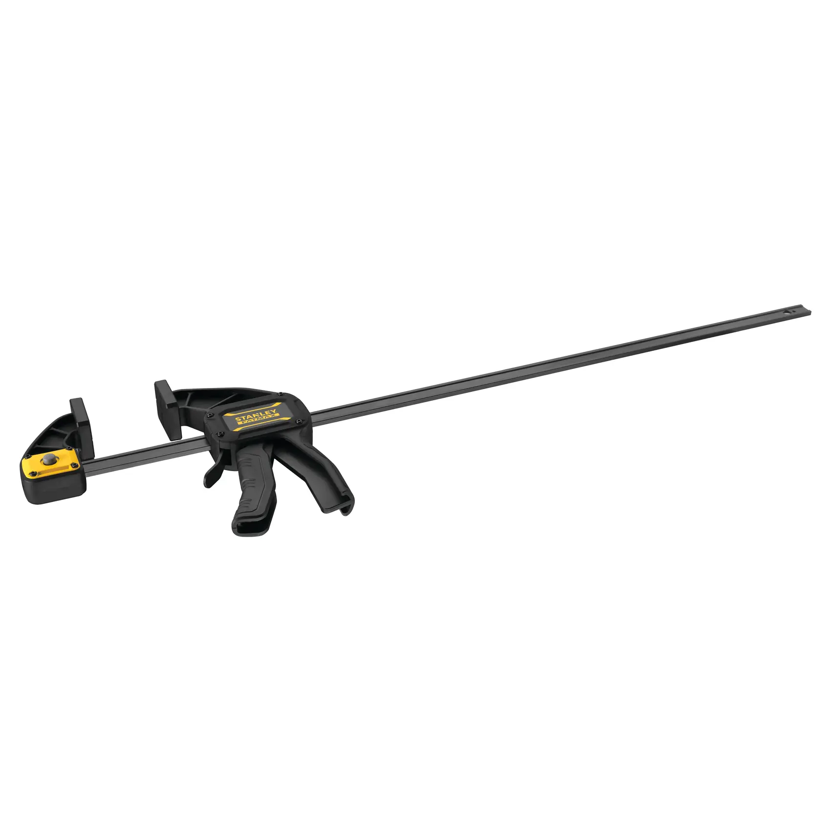 STANLEY FMHT0-83233 schwarz-gelbe Schnellspannzwinge seitlich, mit langer Metallstange und ergonomischem Griff.
