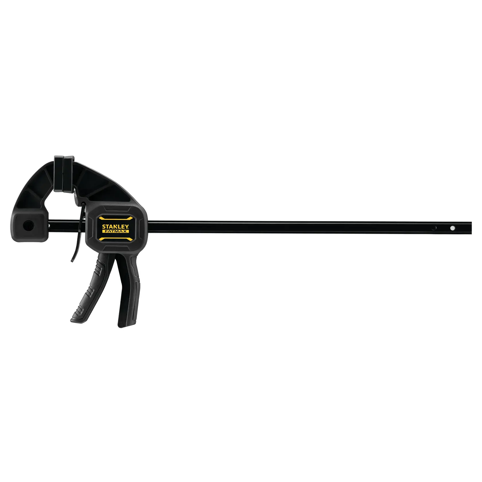 STANLEY FMHT0-83233 schwarze Triggerzwinge, Seitenansicht auf weißem Hintergrund, Fotografieprodukt.