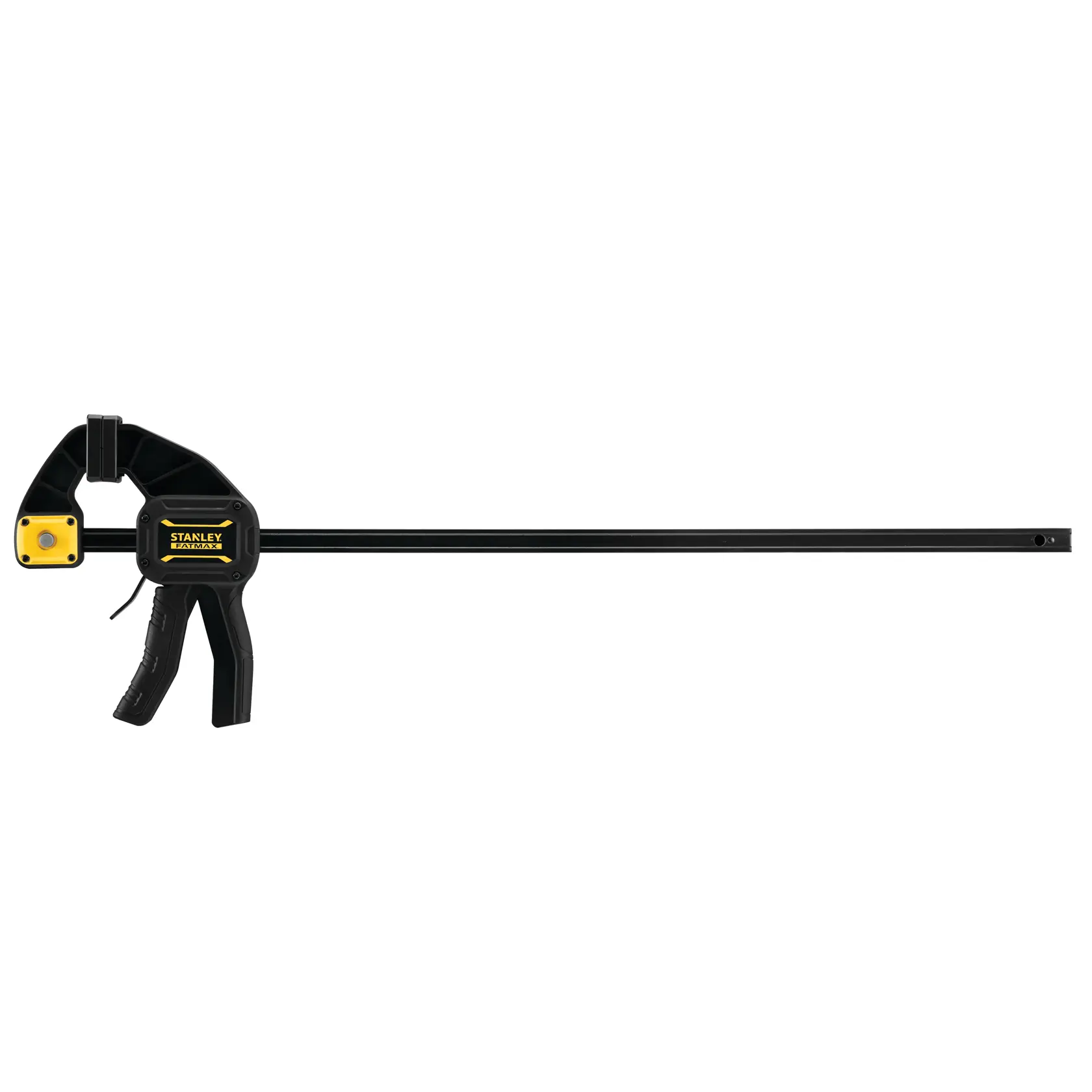 STANLEY FMHT0-83236 Schraubzwinge, schwarz und gelb, Seitenansicht, mit ergonomischem Griff.