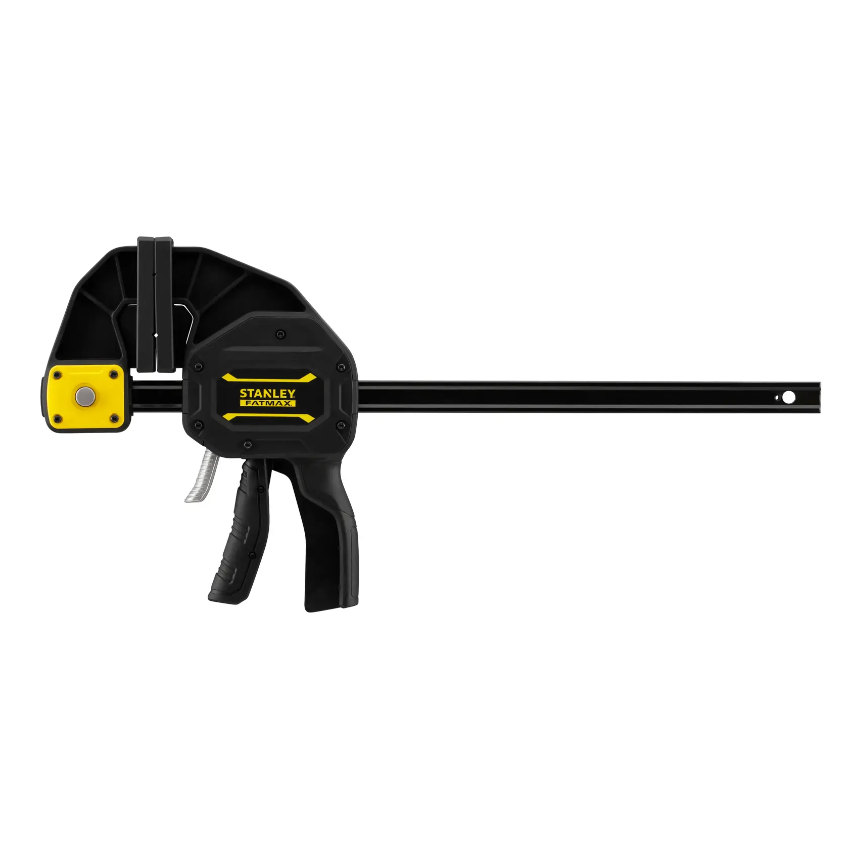 STANLEY FMHT0-83239 Schnellspannzwinge, schwarz-gelb, Seitenansicht auf weißem Hintergrund.