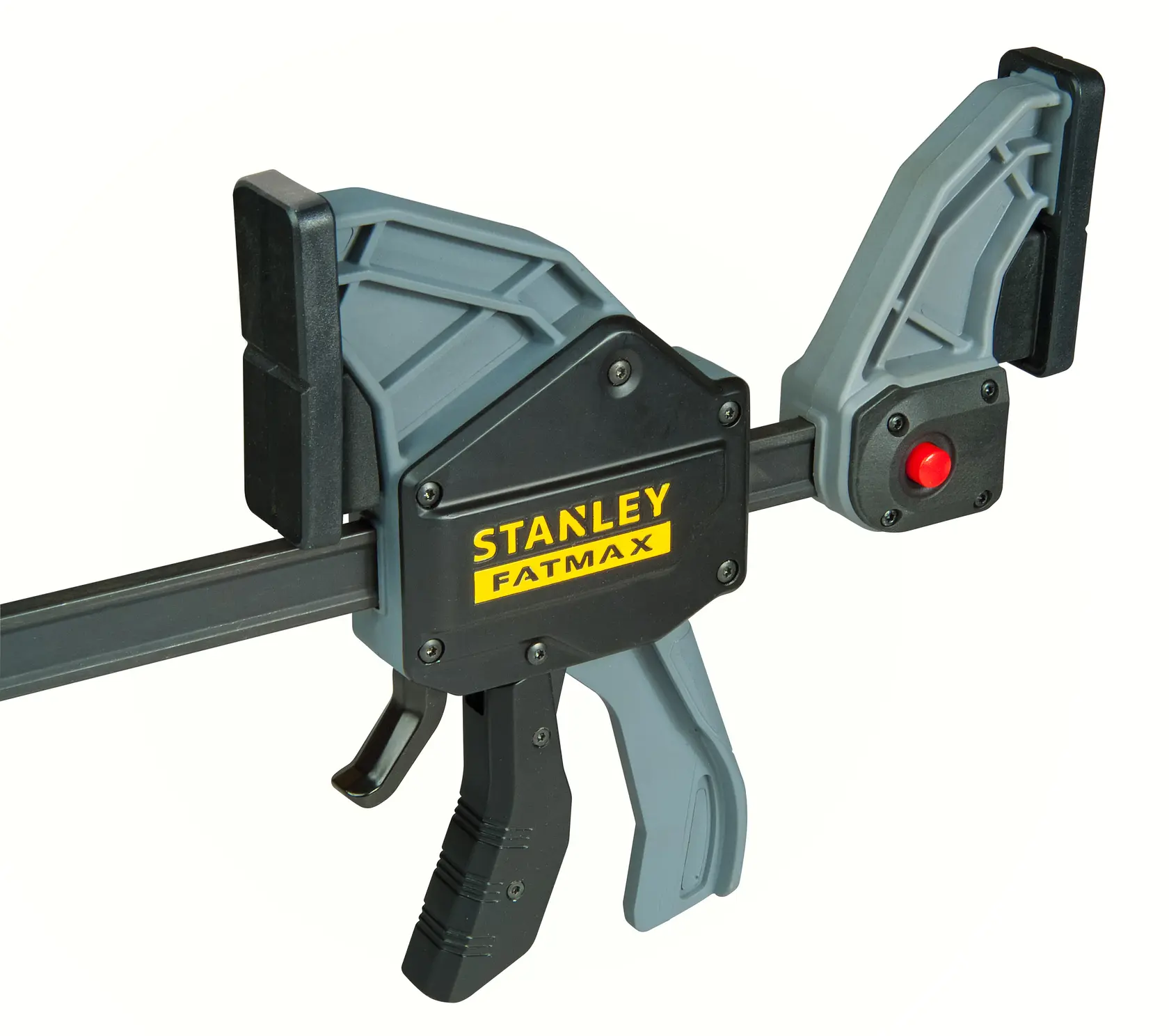 Foto der STANLEY FMHT0-83240 Schnellspannzwinge, schwarz-grau, Seitenansicht auf weißem Hintergrund.