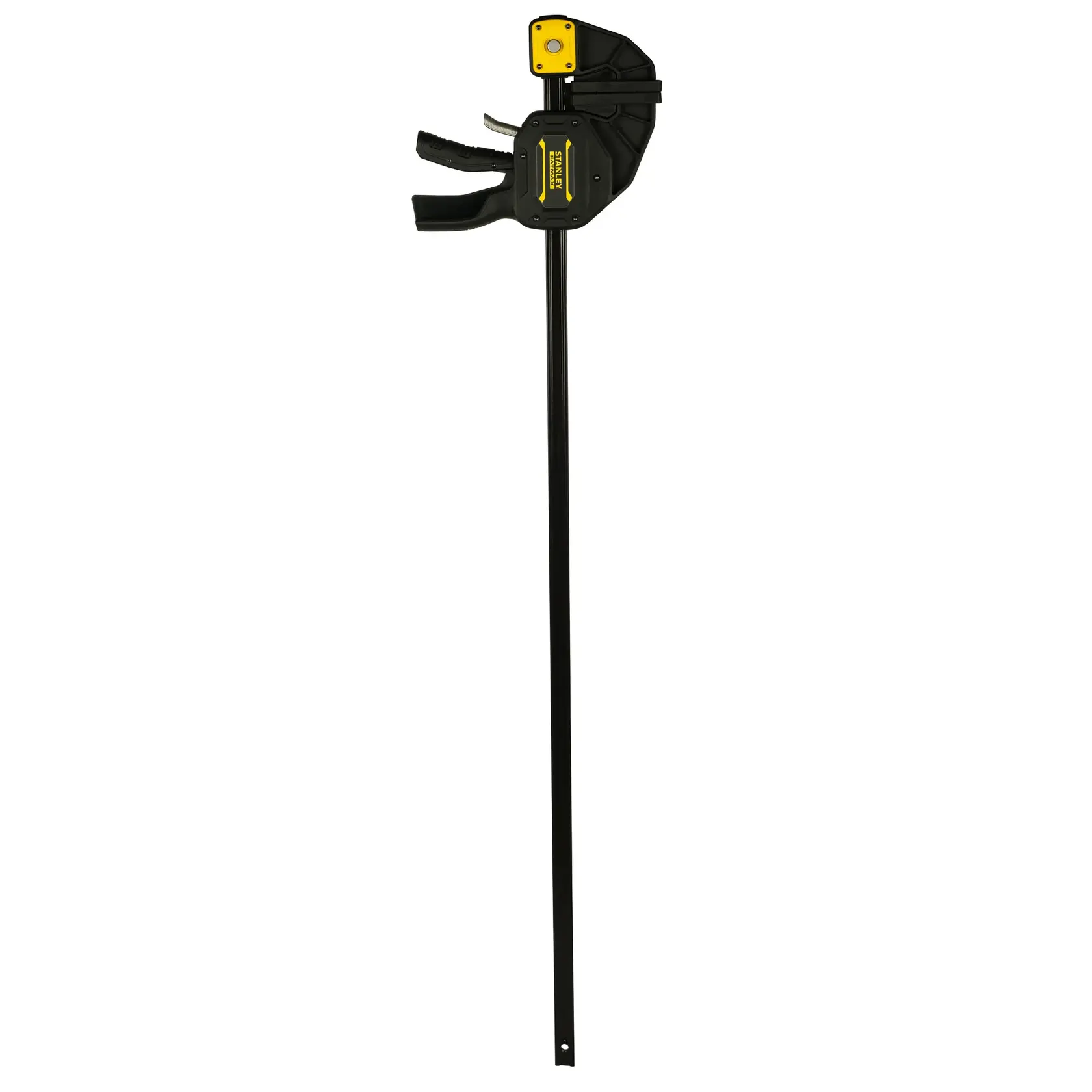 Große schwarze Stanley FMHT0-83241 Schraubzwinge mit gelben Details, geeignet für Holz oder Fotografie.
