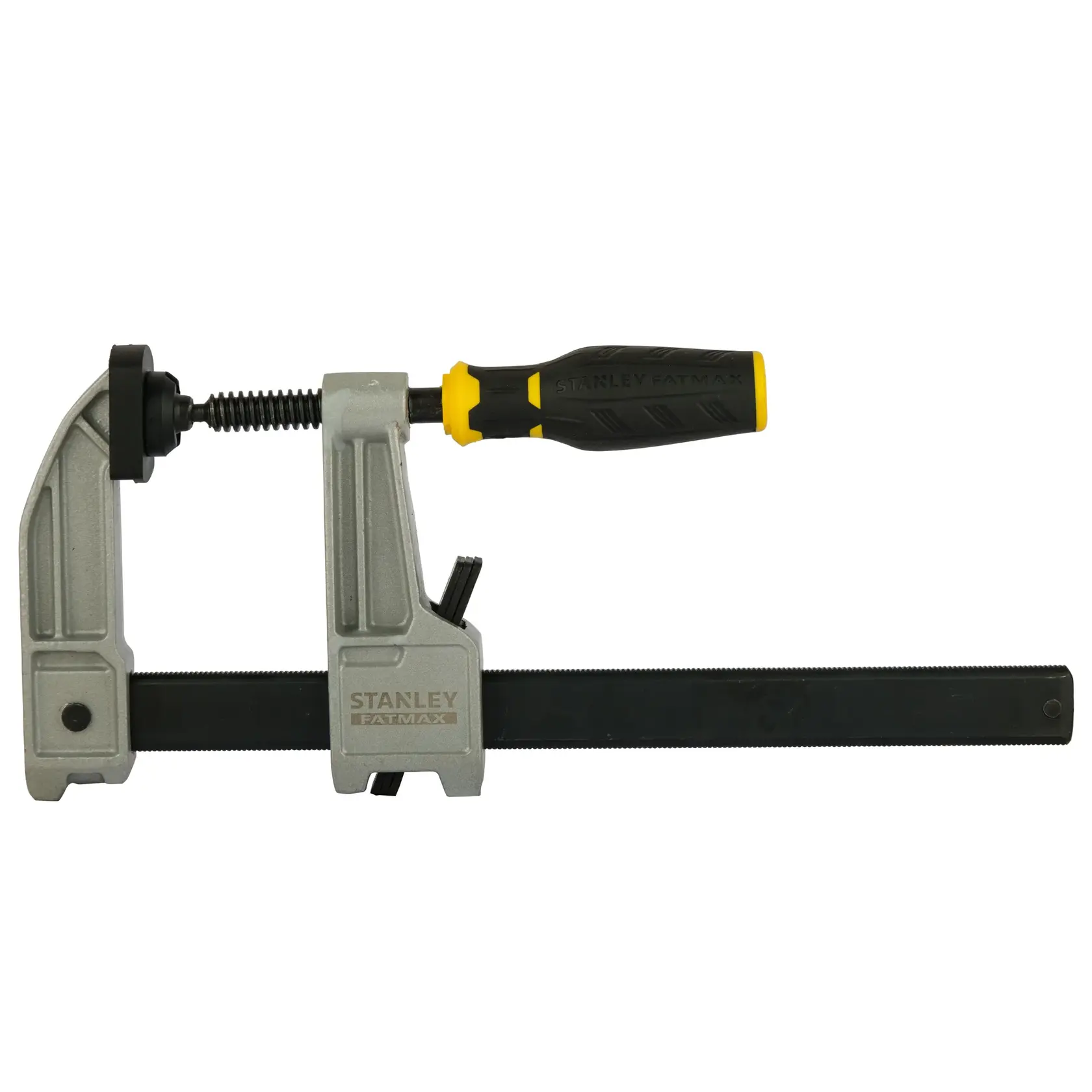 STANLEY FMHT0-83244 Schraubzwinge mit schwarz-gelbem Griff, Seitenansicht auf weißem Hintergrund.