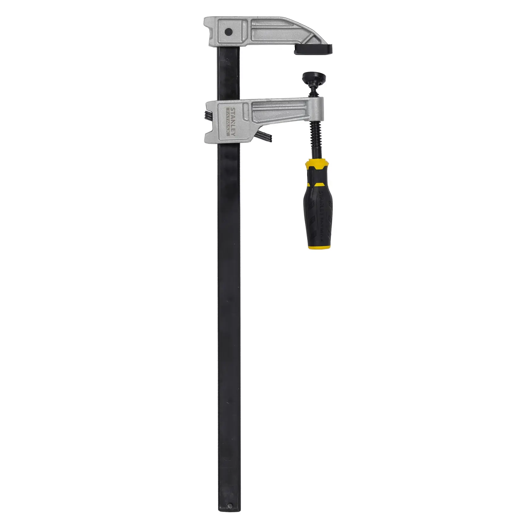 STANLEY FMHT0-83245 Metallzwinge mit schwarz-gelbem Griff, Frontansicht auf weißem Hintergrund.