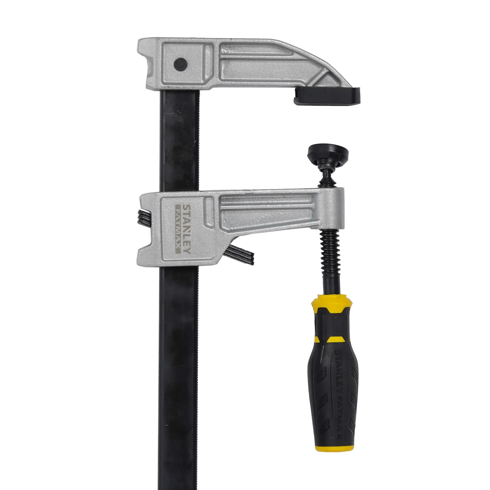 STANLEY FMHT0-83246 Schraubzwinge mit schwarz-gelbem Griff, silbernem Körper, Vorderansicht auf weiß.