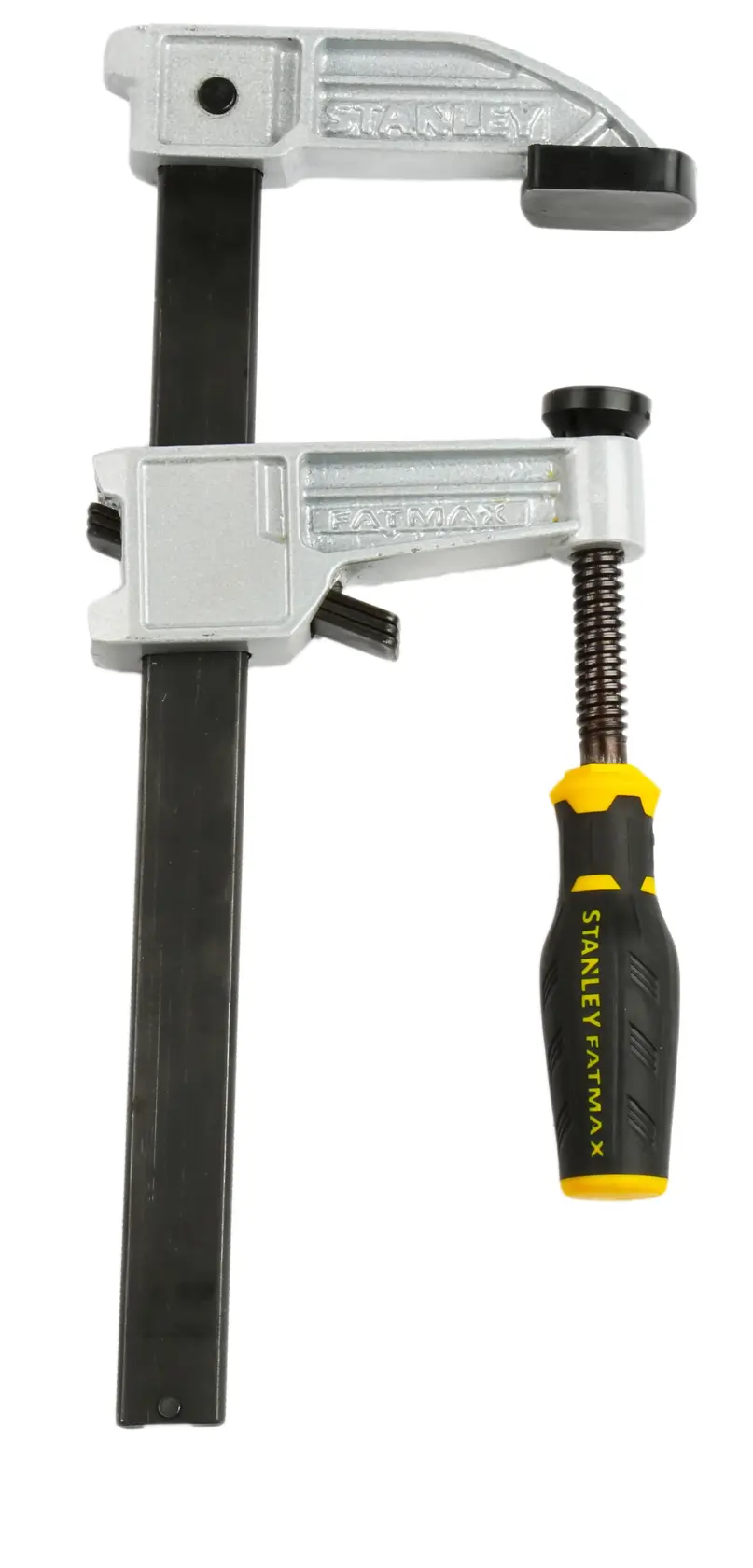 Foto der STANLEY FMHT0-83247 Schraubzwinge mit schwarz-gelbem ergonomischem Griff, Frontansicht auf weißem Hintergrund.