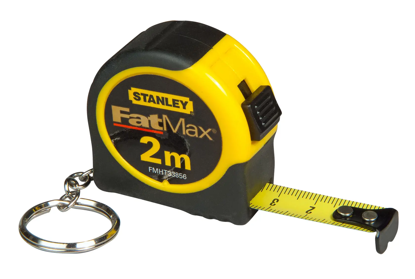 STANLEY FMHT1-33856, FMHT1-33856-KR gelb-schwarzer Schlüsselanhänger Maßband, FatMax, Seitenansicht.