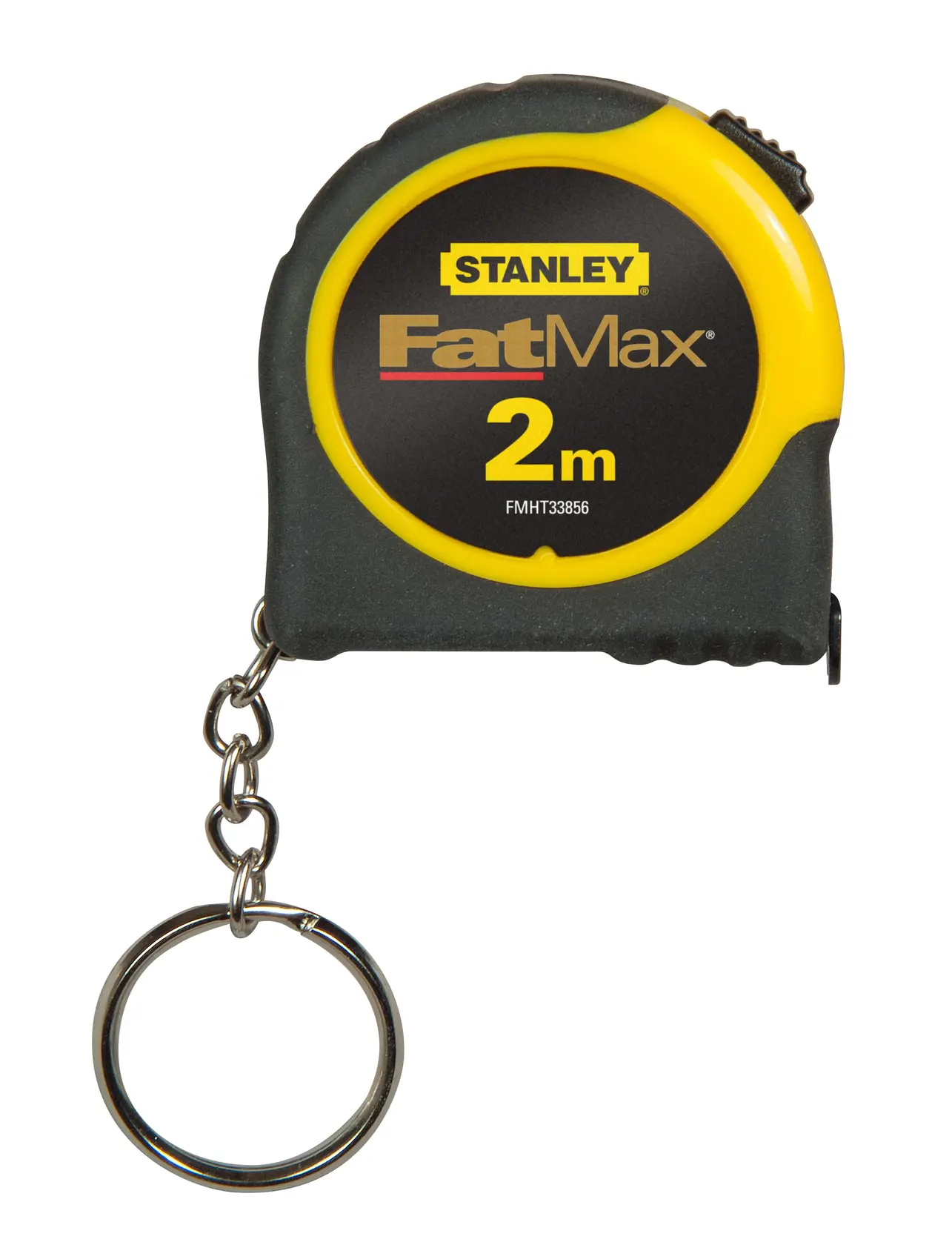 Stanley FatMax Maßband Schlüsselanhänger, 2m, gelb-schwarz, FMHT1-33856, FMHT1-33856-KR, vorne, weißer Hintergrund.