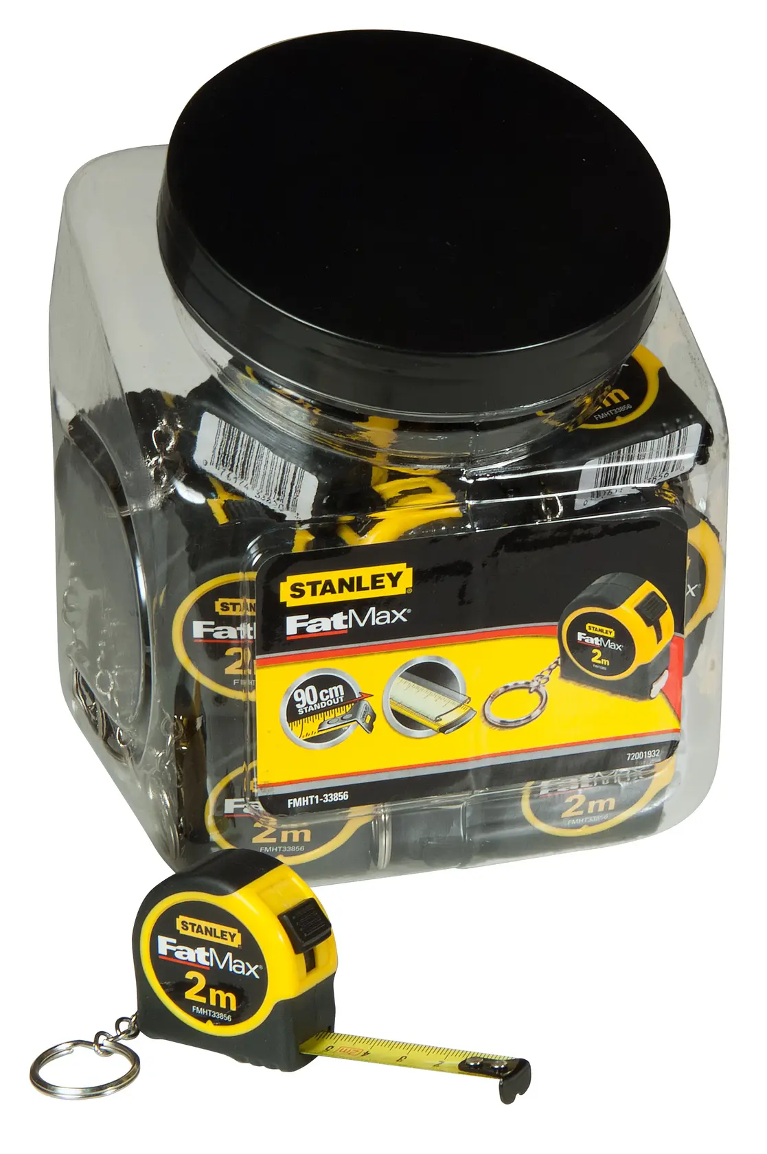 STANLEY FMHT1-33856, FMHT1-33856-KR FatMax 2m Bandmaß Schlüsselanhänger Dose, frontale Fotografie.