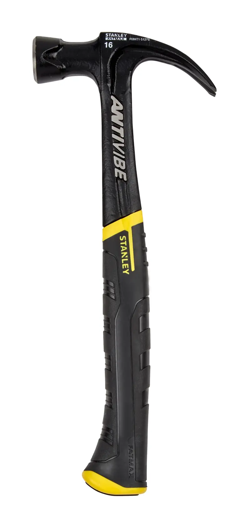 Stanley Anti-Vibe Klauenhammer in Schwarz und Gelb mit ergonomischem Griff, auf weißem Hintergrund gezeigt.