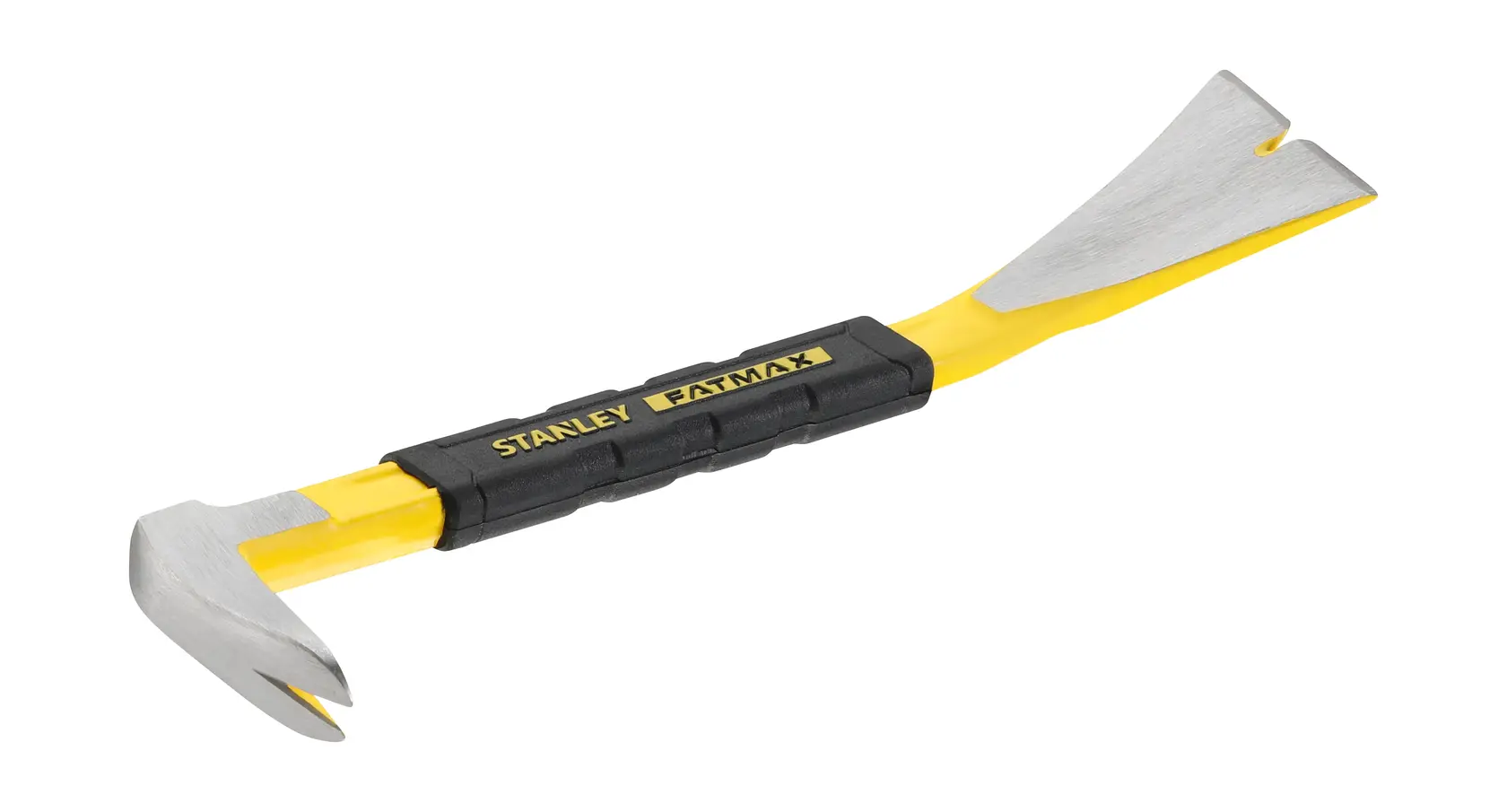 STANLEY FMHT1-55009 gelb-schwarze Abbruchstange mit zwei Stahlenden, schräge Vorderansicht auf Weiß.