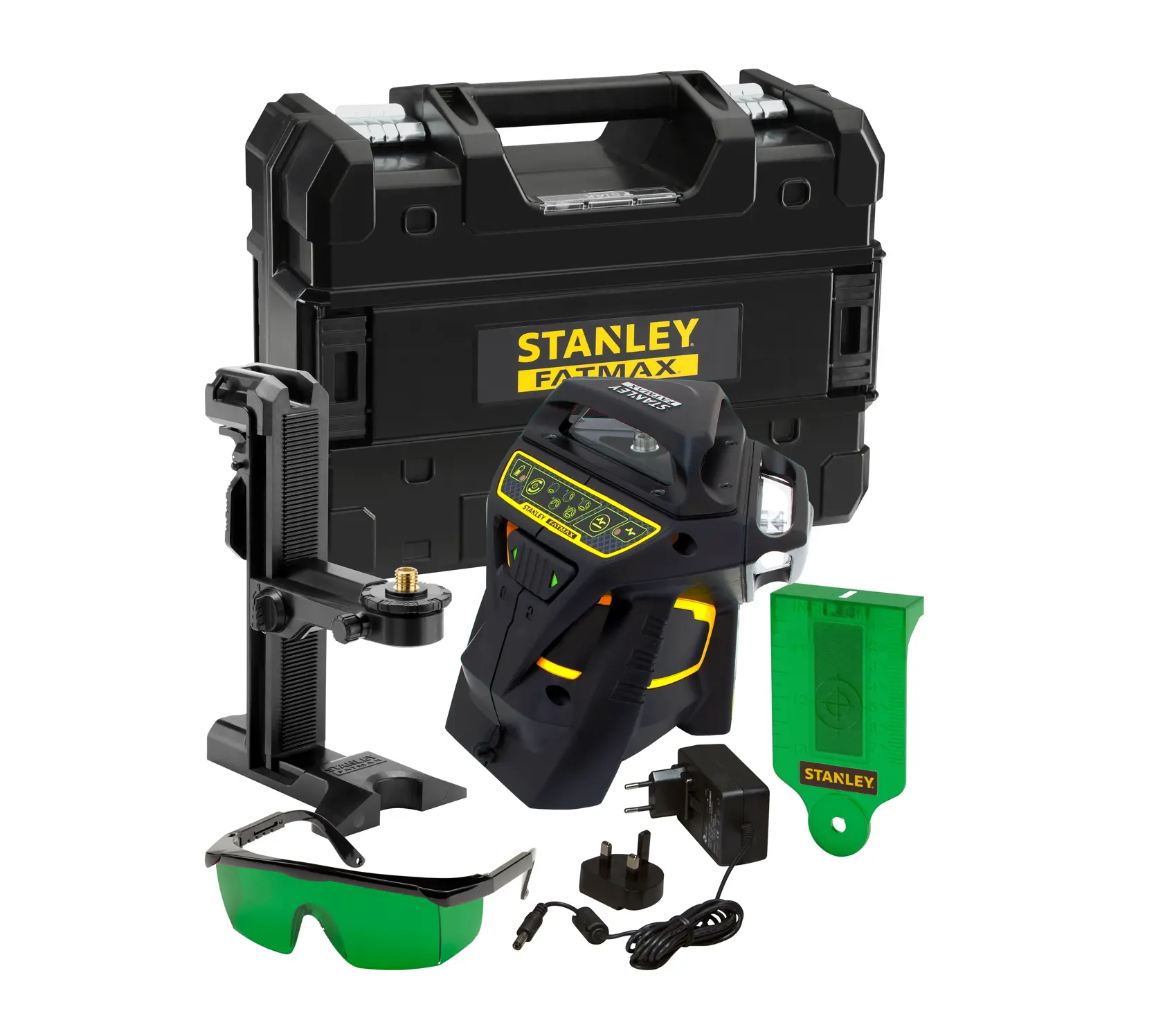 STANLEY FMHT1-77356 Laser-Set mit Koffer, Halterung, Ladegerät, grüner Brille und Zielkarte, Vorderansicht.
