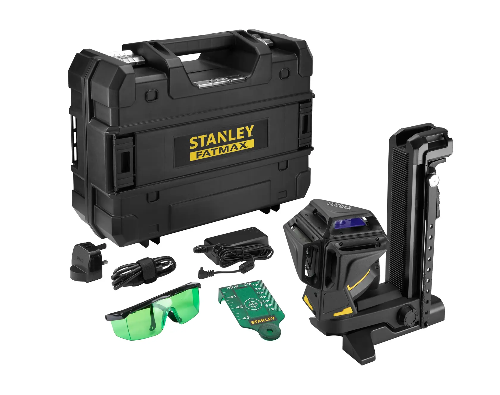 STANLEY FMHT1-77356 Fotografie-Laser-Nivelliergerät Set mit schwarzem Koffer und Zubehör, weißer Hintergrund.