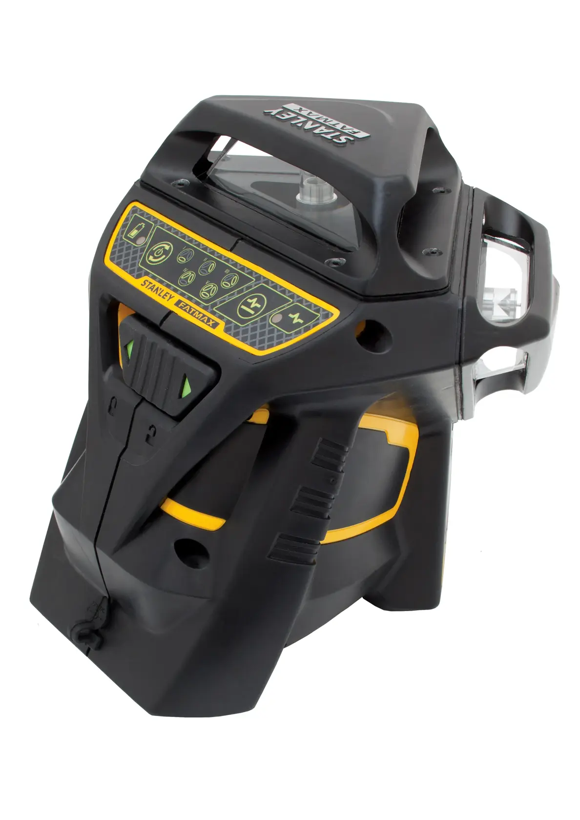 Stanley digitaler Laser-Nivellierer mit Tasten und Griff, für präzises Ausrichten in der Fotografie geeignet.