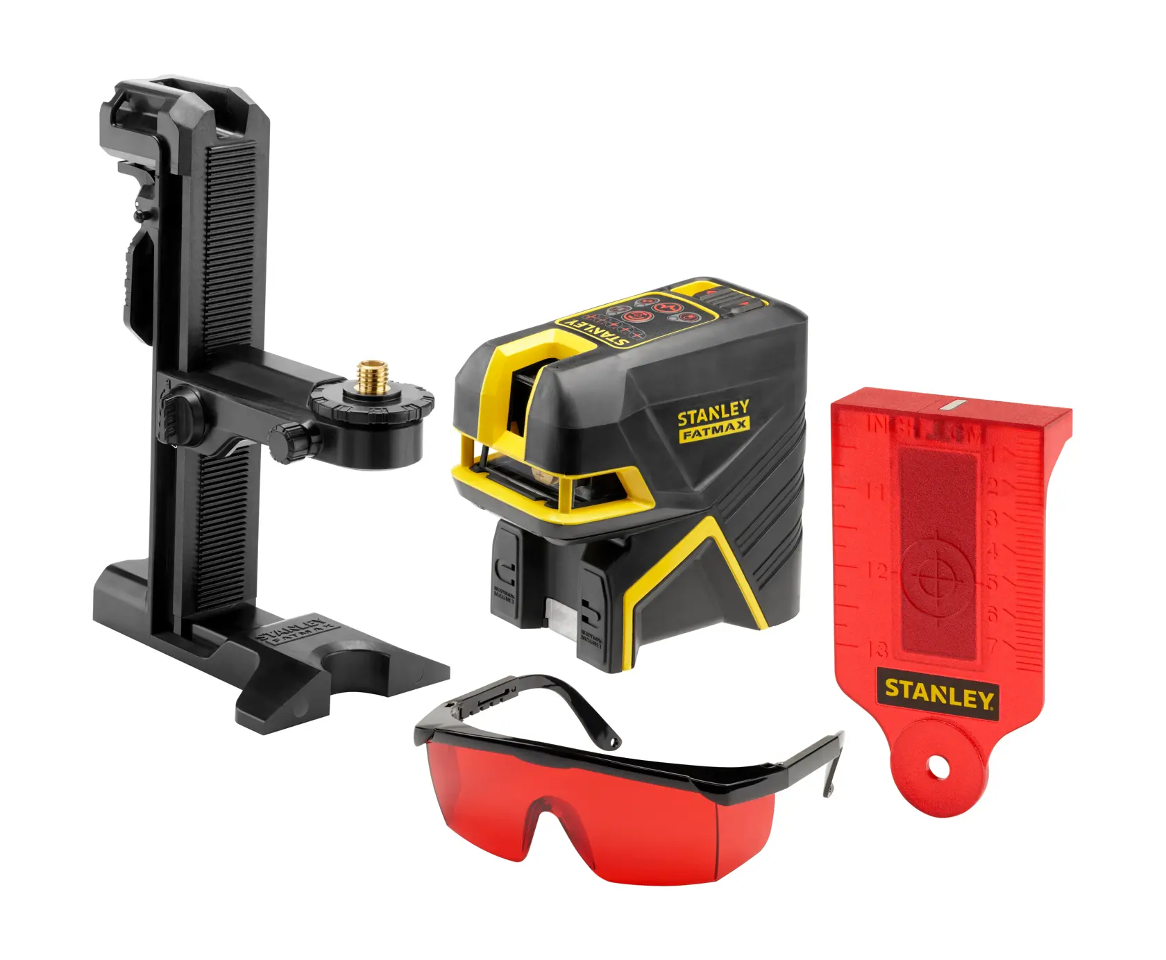 Stanley Laser-Nivellier-Set mit Gerät, Halterung, roter Zielkarte und Schutzbrille mit roten Gläsern.