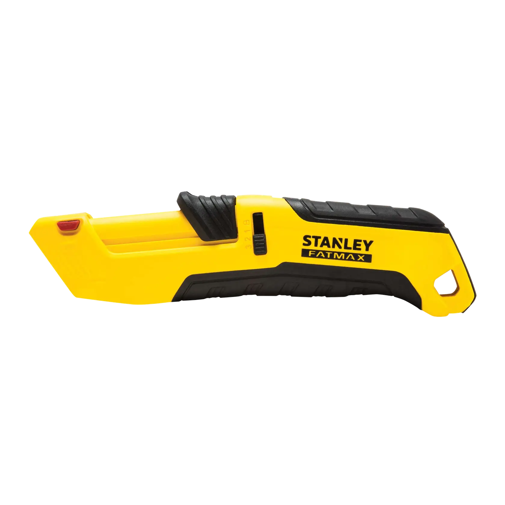 STANLEY FMHT10365-0 gelb-schwarzes Universalmesser, Seitenansicht auf weißem Hintergrund.