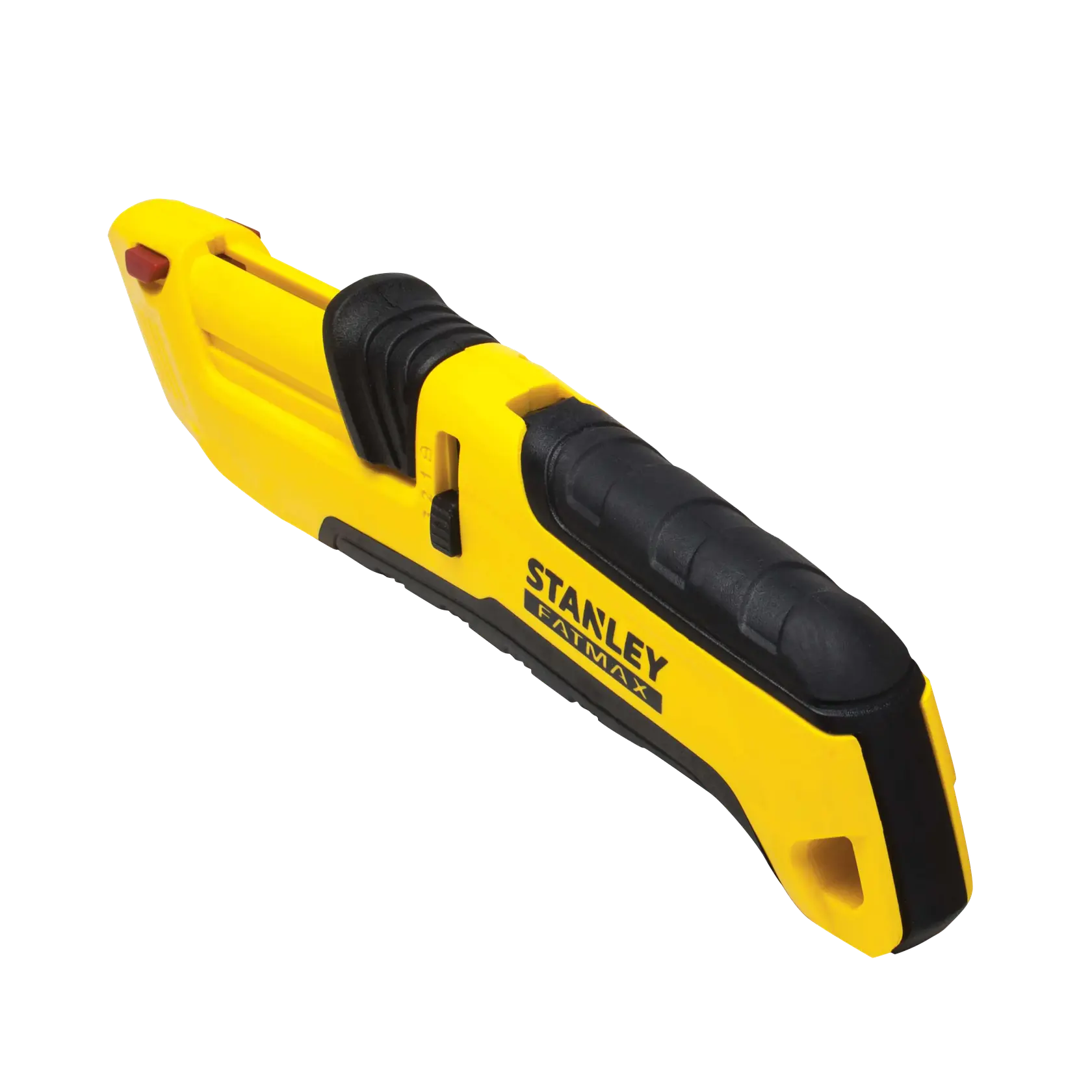 STANLEY FMHT10365-0 gelb-schwarzes Universalmesser, seitlich geneigte Ansicht auf weißem Hintergrund.