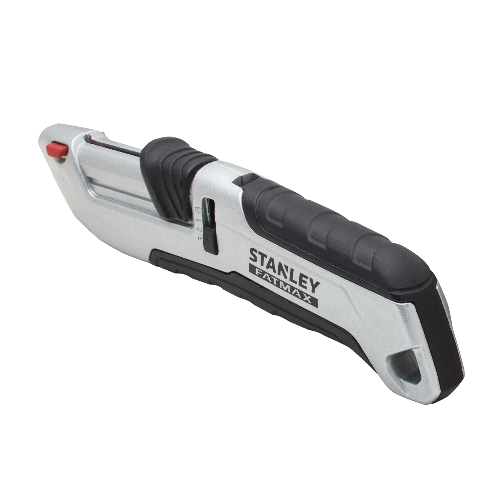 STANLEY FMHT10367-0 Klappmesser mit schwarzem ergonomischem Griff, silbernem Gehäuse, vor weißem Hintergrund.