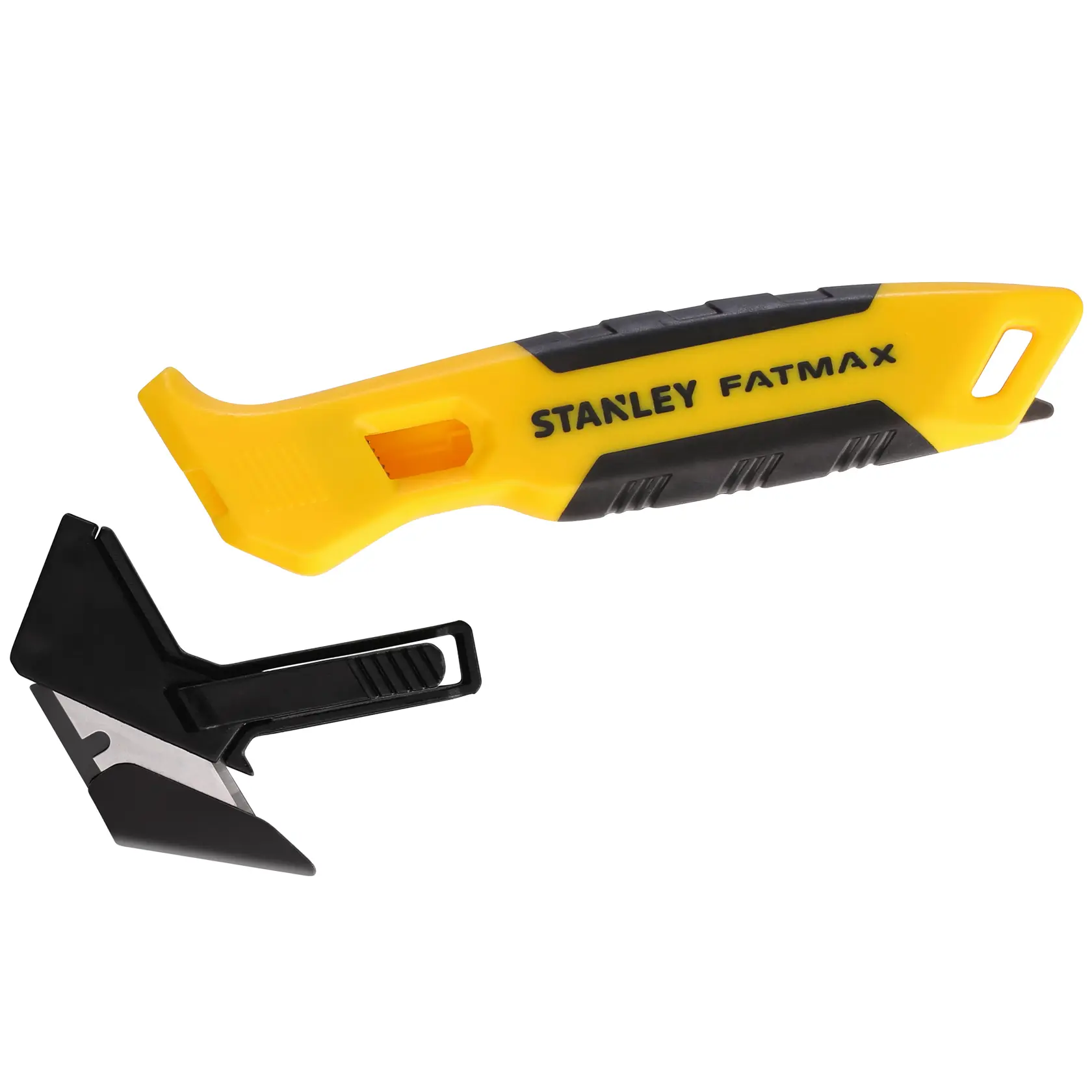 STANLEY FMHT10373-0 gelb-schwarzes Universalmesser mit Klingenschutz, schräge Seitenansicht.