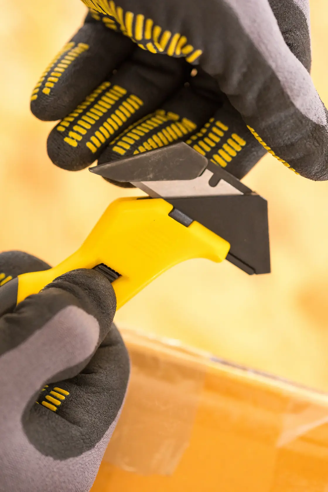 STANLEY FMHT10373-0 Universalmesser in behandschuhten Händen, Nahaufnahme, schneidet Klebeband auf Karton.
