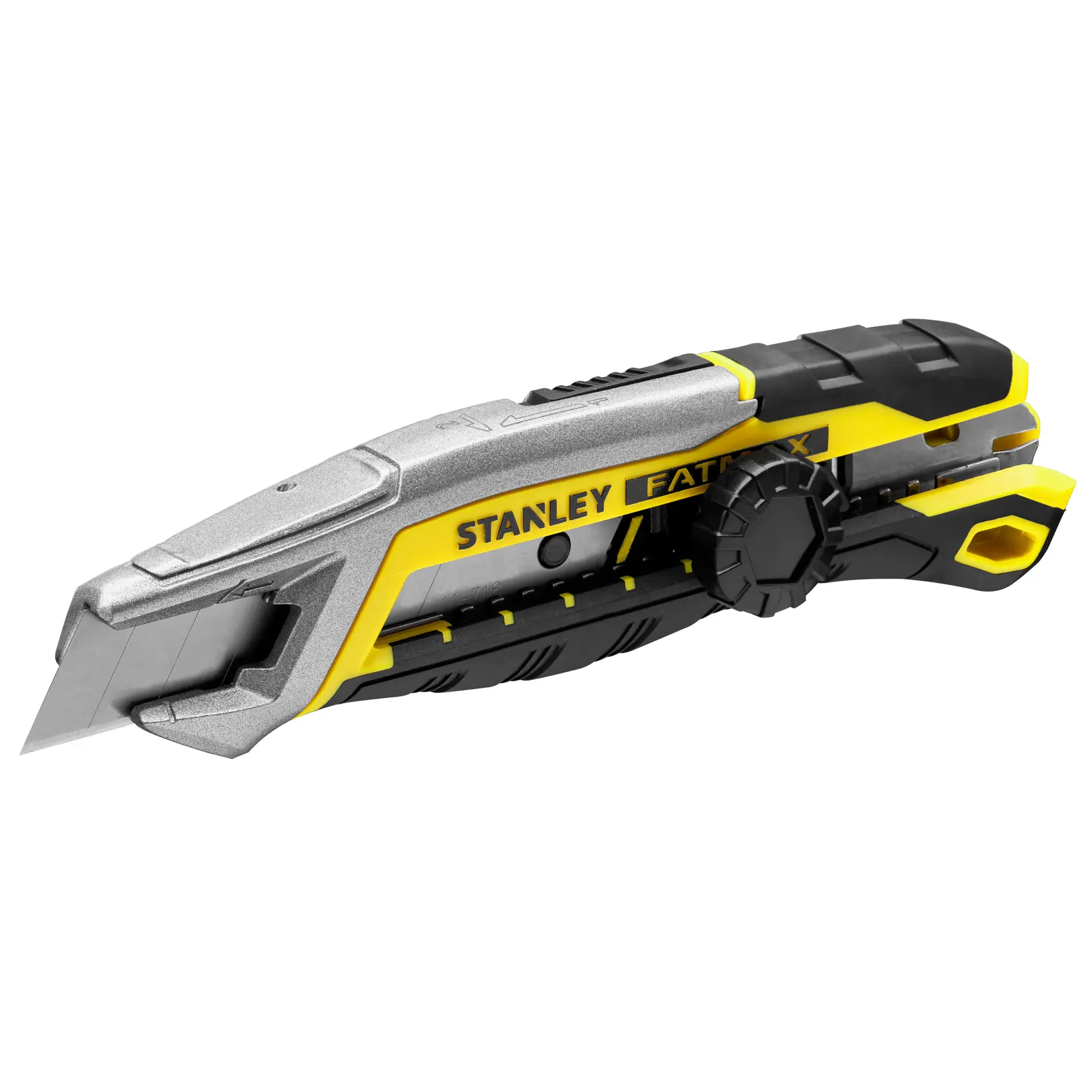 Stanley FATMAX Universalmesser, schräge Seitenansicht, silber-gelber Körper mit schwarzem Griff und sichtbarer Klinge