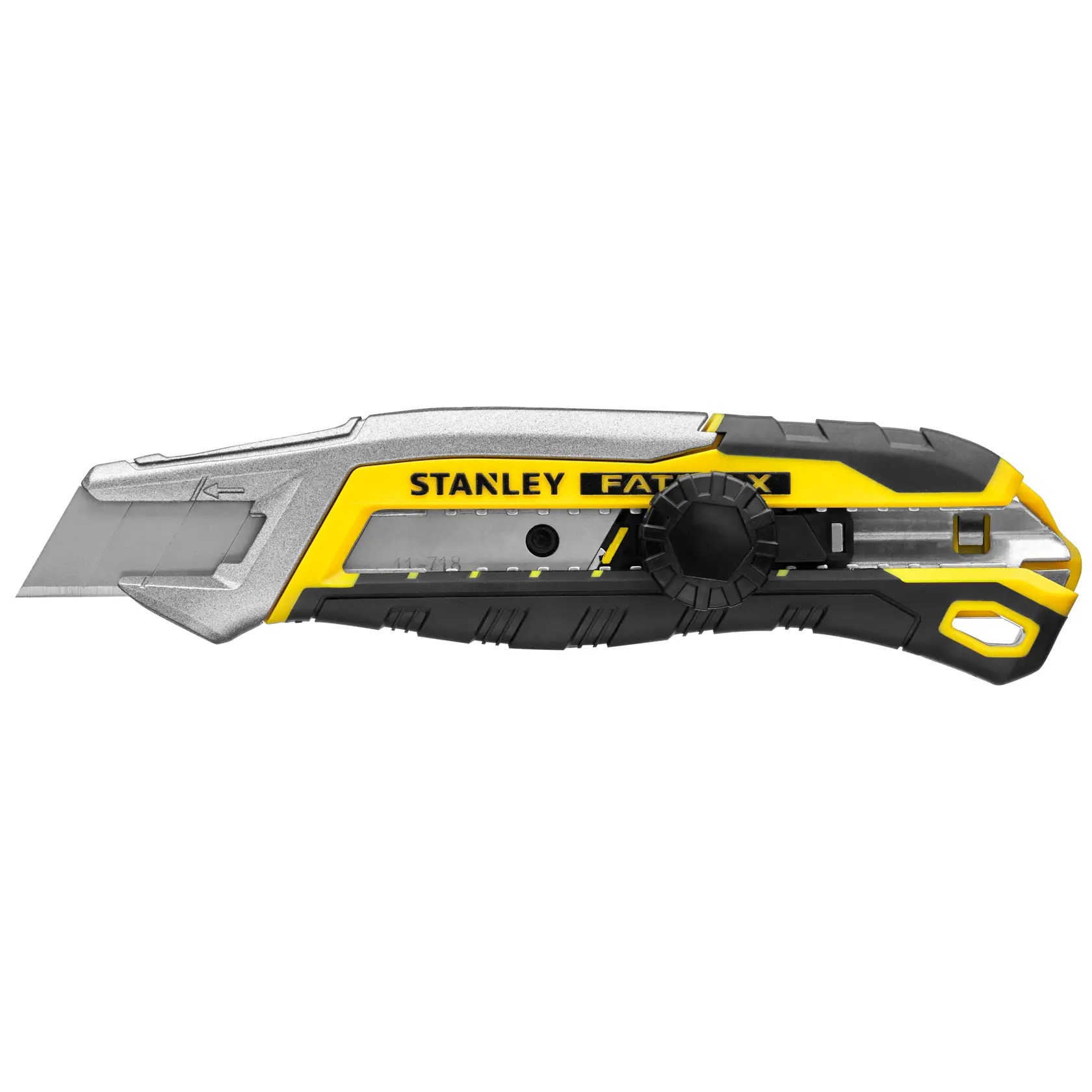 Stanley FATMAX Cuttermesser Seitenansicht auf weißem Hintergrund, gelber und schwarzer Griff mit sichtbarer Klinge