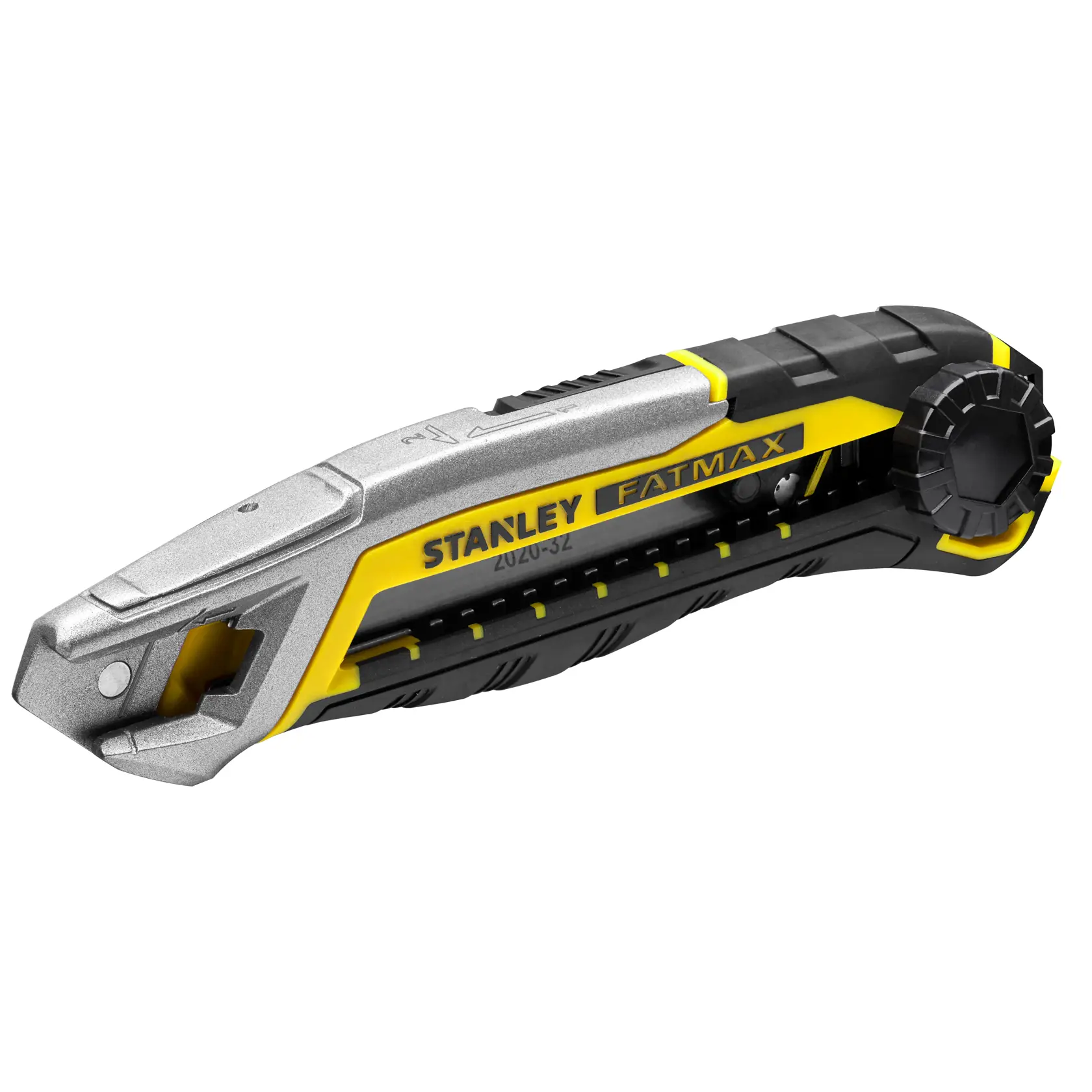 Stanley FATMAX Universalmesser, schräge Seitenansicht auf weißem Hintergrund, gelb-schwarzer ergonomischer Griff.