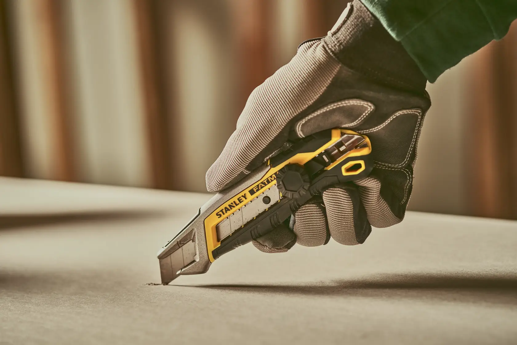 Foto des STANLEY FMHT10592-0 Universalmessers in behandschuhter Hand schneidet Material, Nahaufnahme.