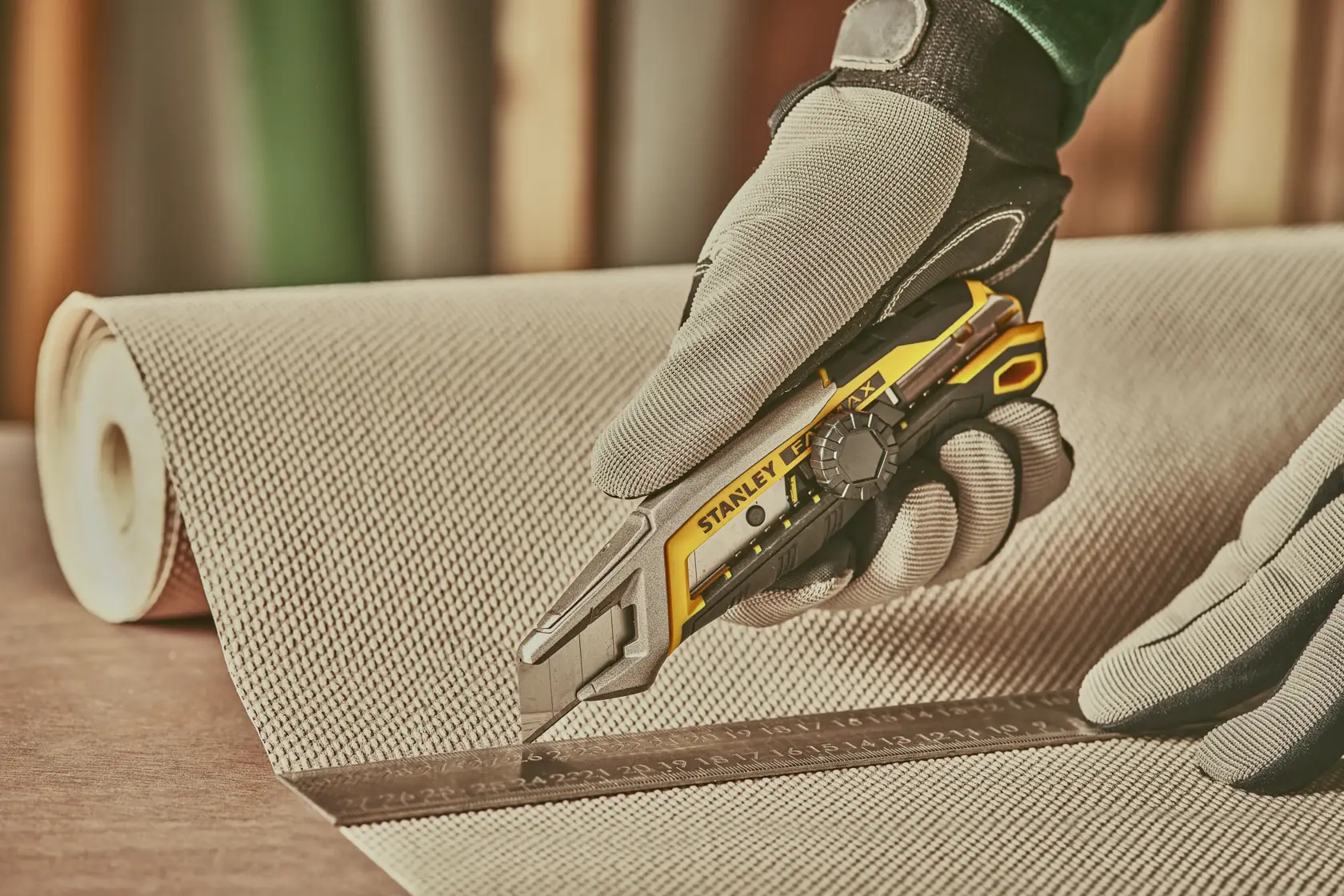 Stanley FMHT10592-0 Universalmesser schneidet Stoff mit Lineal, Fotografie mit Handschuh-Hand.