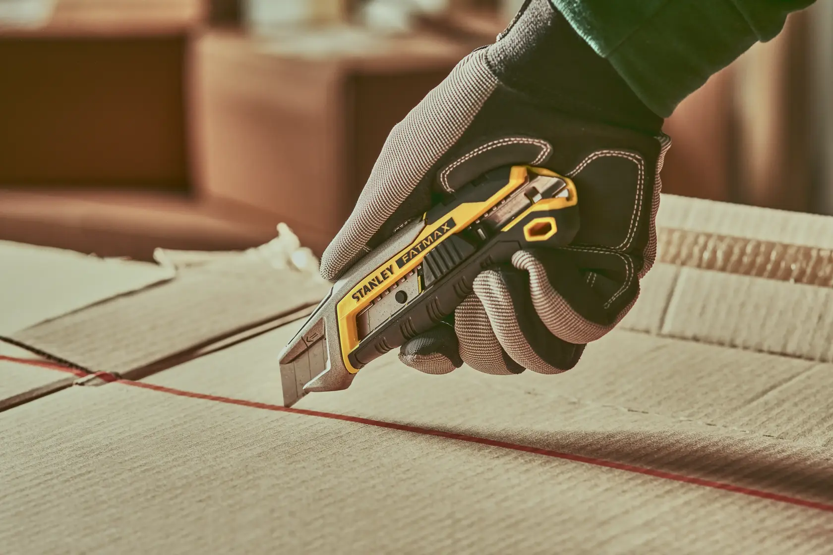 STANLEY FMHT10594-0 Universalmesser schneidet Karton, Nahaufnahme mit behandschuhter Hand.