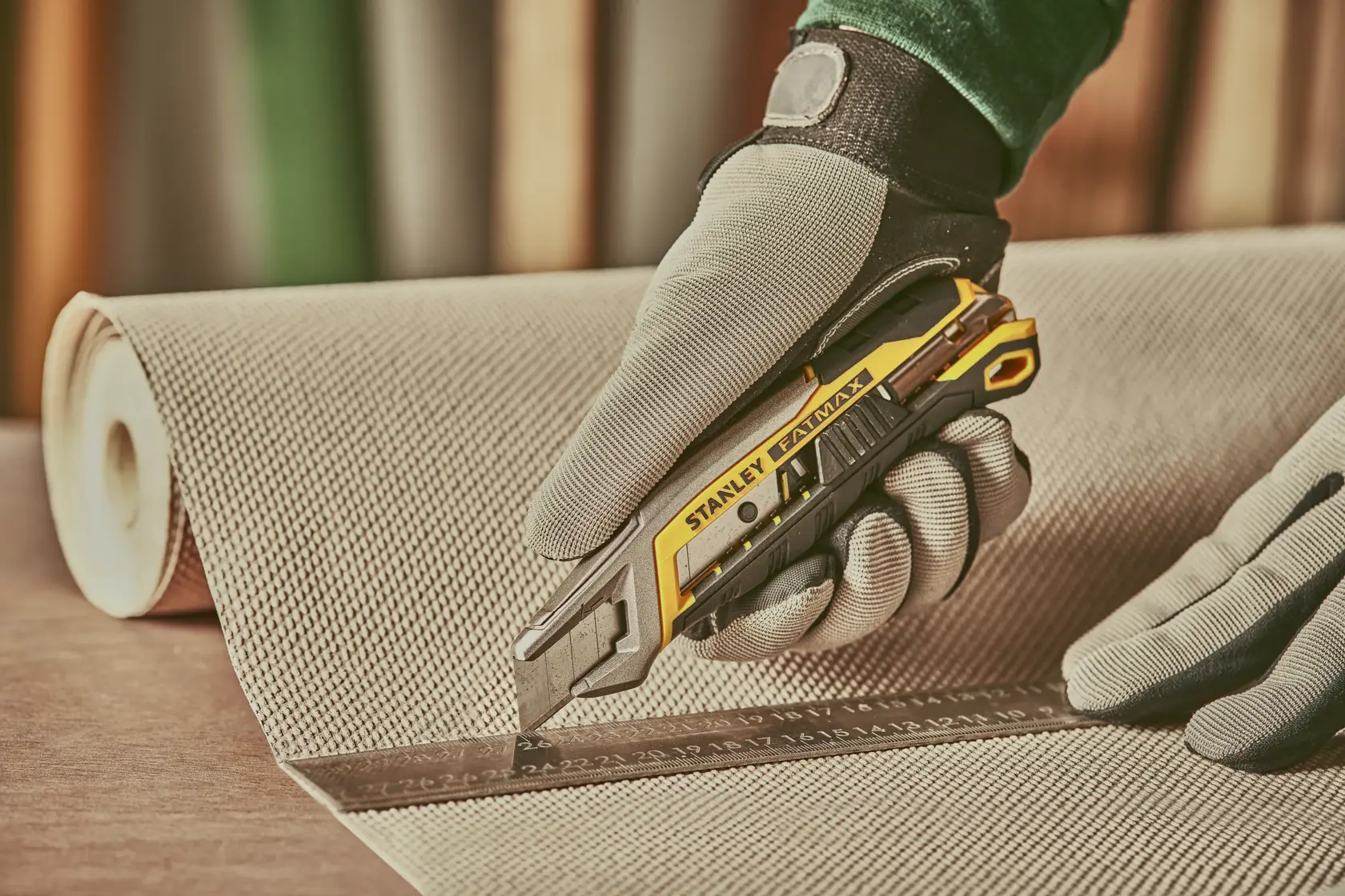 STANLEY FMHT10594-0 Universalmesser schneidet Stoff an einem Lineal, behandschuhte Hand, Nahaufnahme.